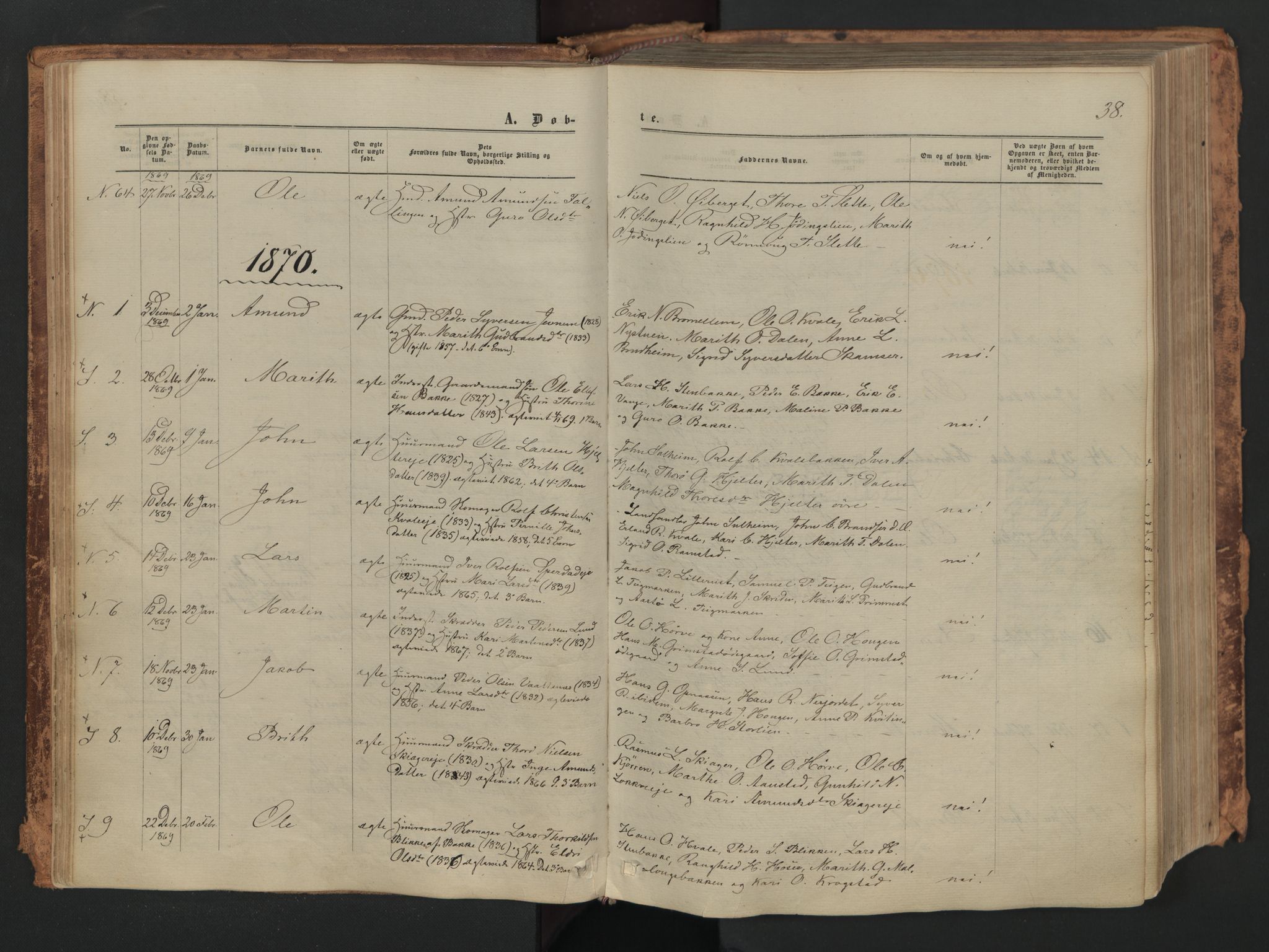 Skjåk prestekontor, AV/SAH-PREST-072/H/Ha/Haa/L0001: Parish register (official) no. 1, 1863-1879, p. 38