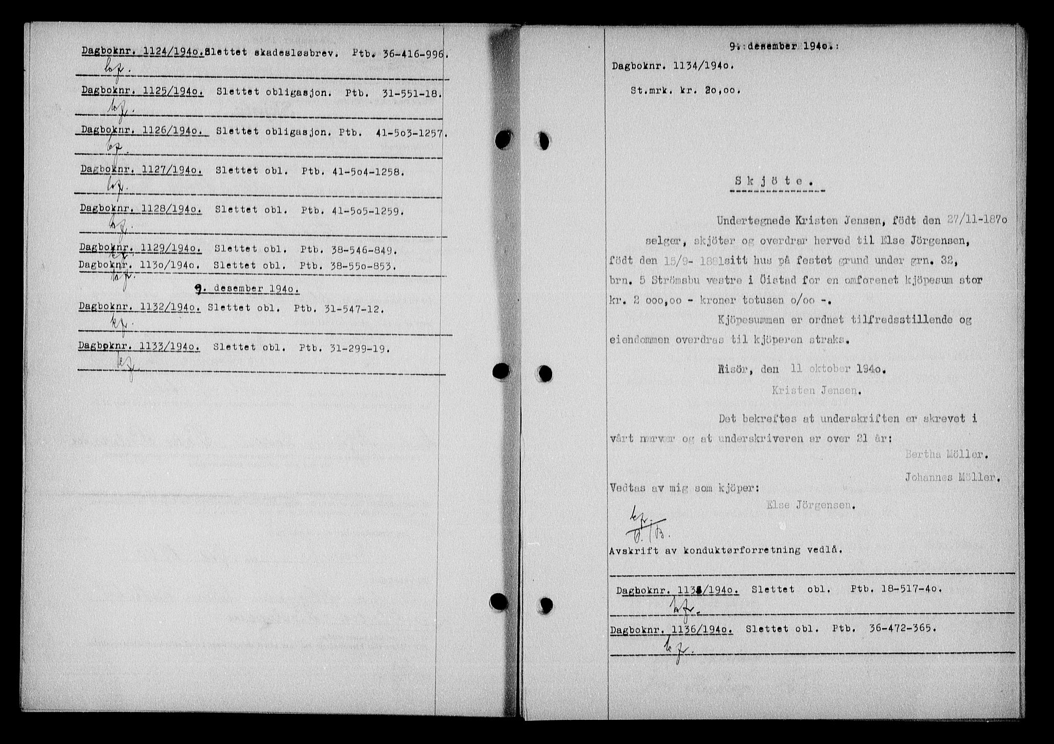Nedenes sorenskriveri, SAK/1221-0006/G/Gb/Gba/L0048: Mortgage book no. A-II, 1940-1941, Diary no: : 1124/1940