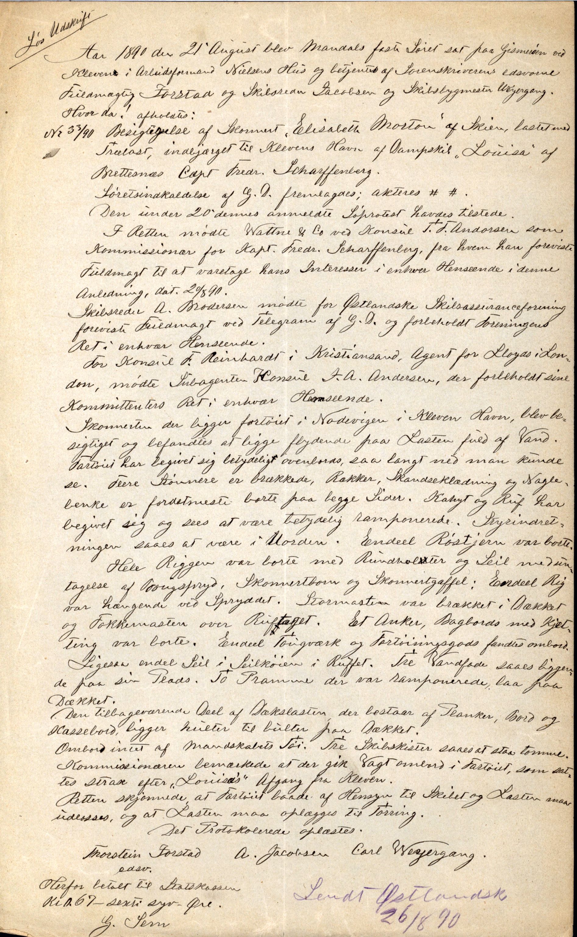 Pa 63 - Østlandske skibsassuranceforening, VEMU/A-1079/G/Ga/L0026/0002: Havaridokumenter / Dovre, Dictator, Ella, Elizabeth Morton, 1890, p. 264