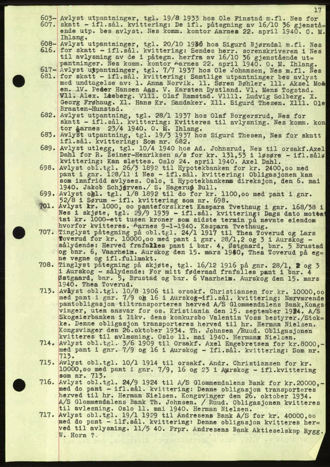 Nes tingrett, SAO/A-10548/G/Gb/Gbb/L0010: Mortgage book no. 54, 1939-1940, Diary no: : 603/1940