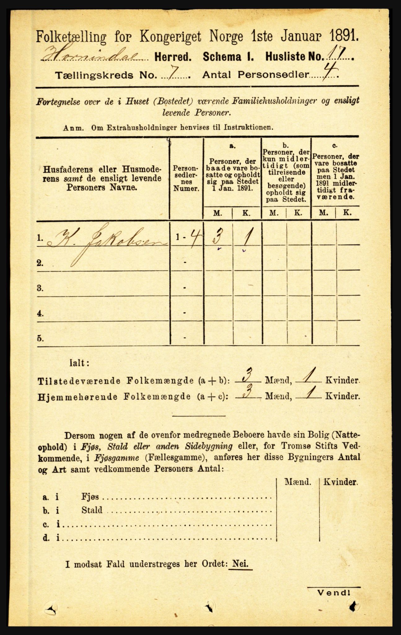 RA, 1891 census for 1444 Hornindal, 1891, p. 1743