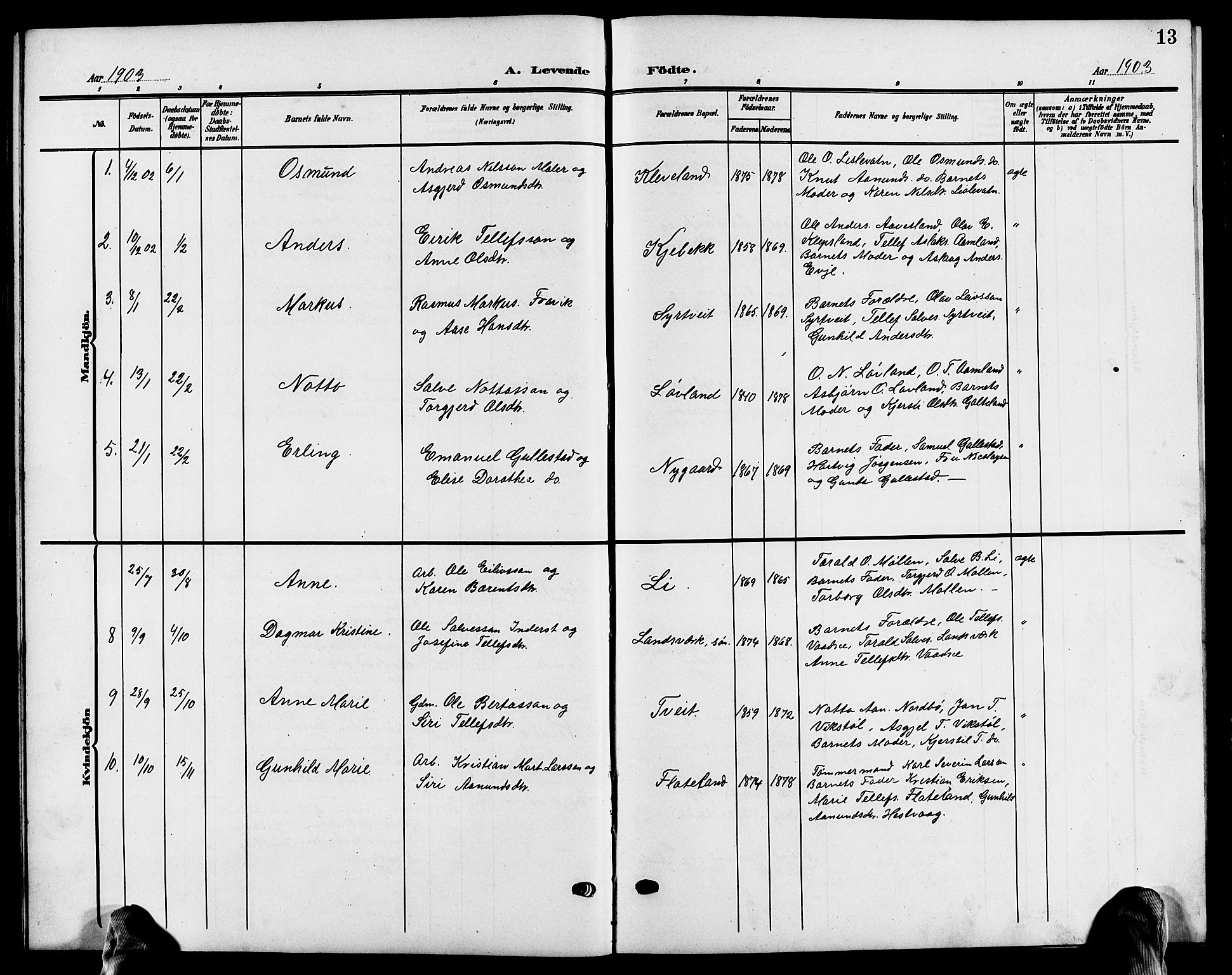 Evje sokneprestkontor, AV/SAK-1111-0008/F/Fb/Fba/L0004: Parish register (copy) no. B 4, 1899-1914, p. 13