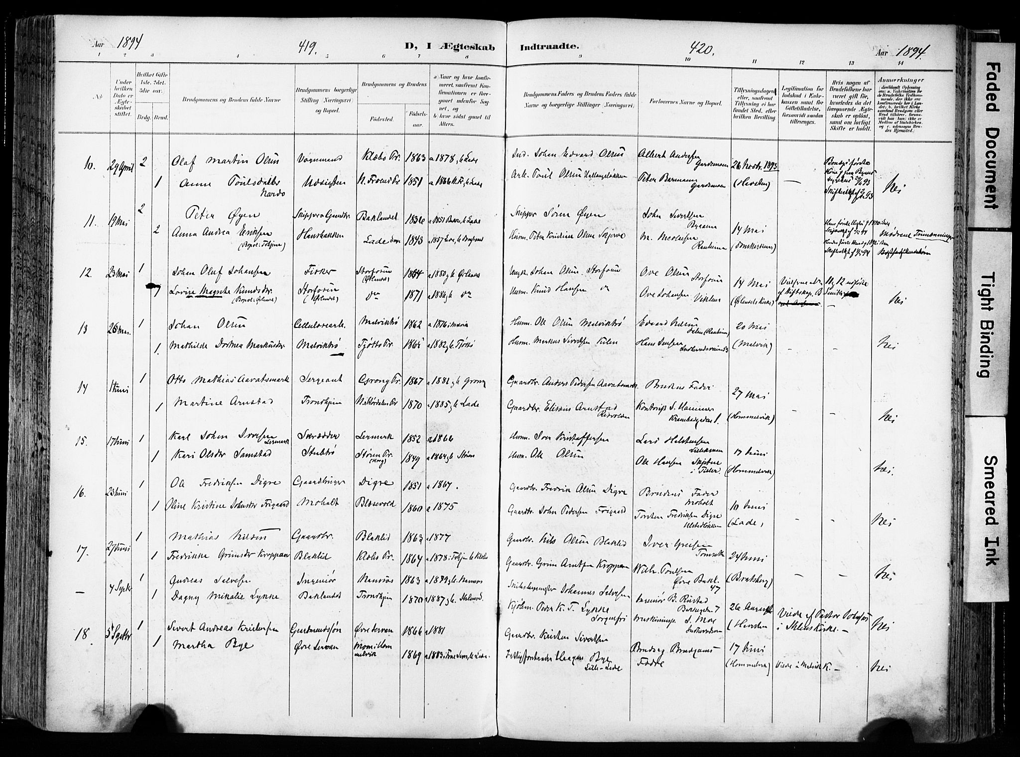 Ministerialprotokoller, klokkerbøker og fødselsregistre - Sør-Trøndelag, AV/SAT-A-1456/606/L0301: Parish register (official) no. 606A16, 1894-1907, p. 419-420