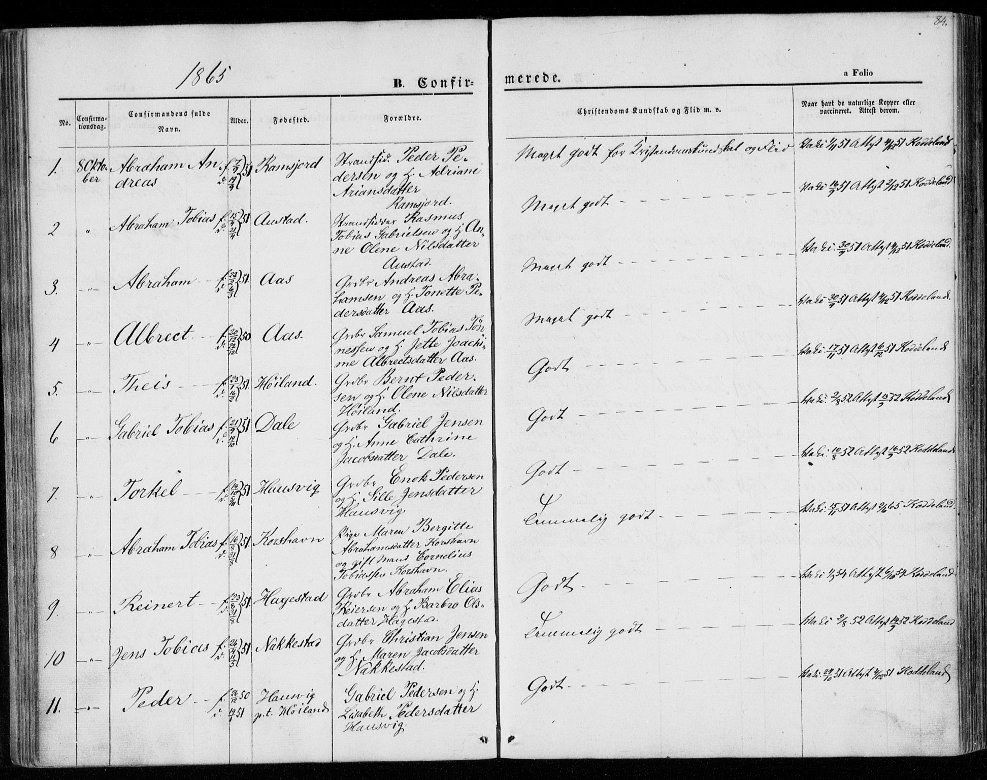 Lyngdal sokneprestkontor, SAK/1111-0029/F/Fa/Faa/L0002: Parish register (official) no. A 2, 1858-1870, p. 84