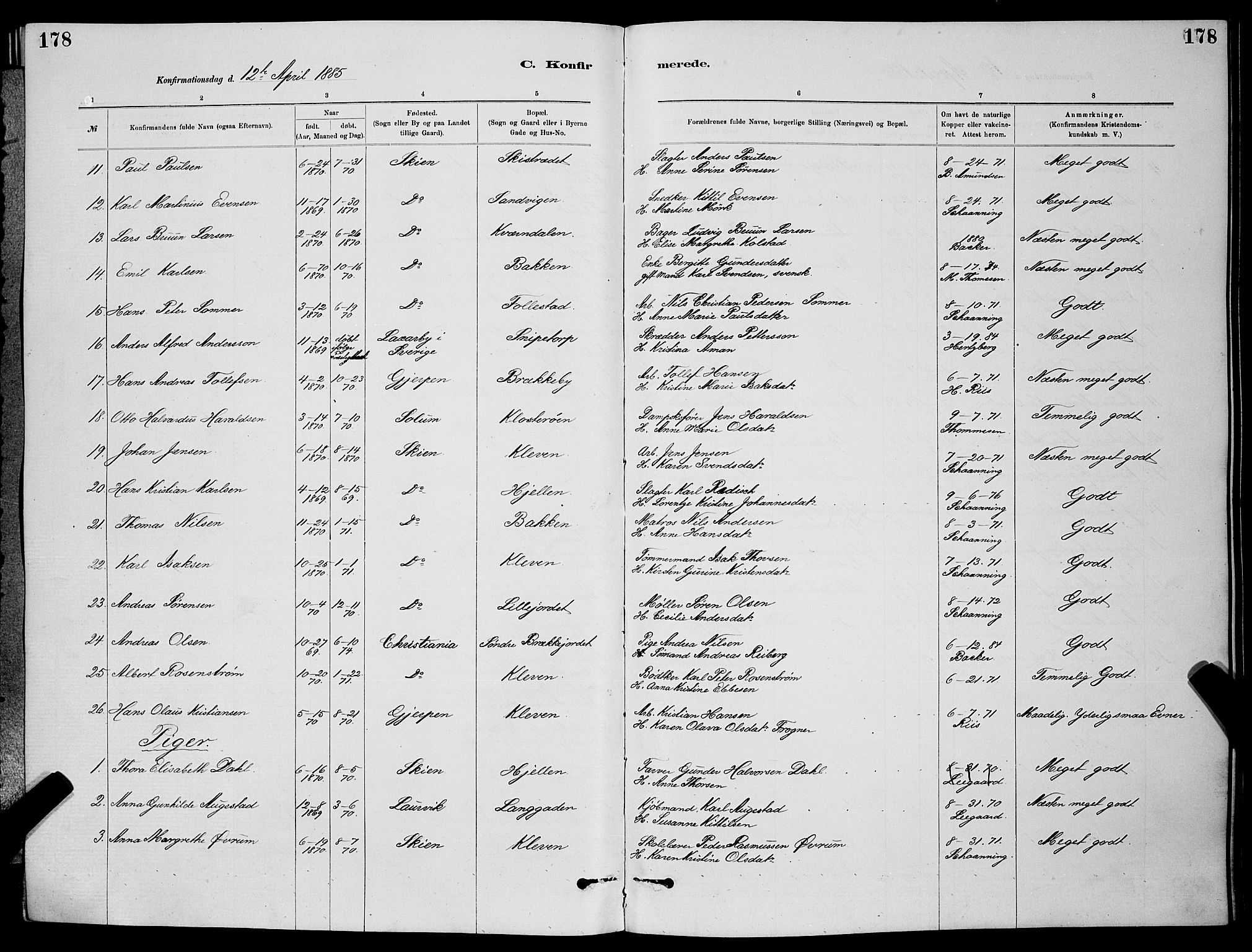 Skien kirkebøker, SAKO/A-302/G/Ga/L0006: Parish register (copy) no. 6, 1881-1890, p. 178