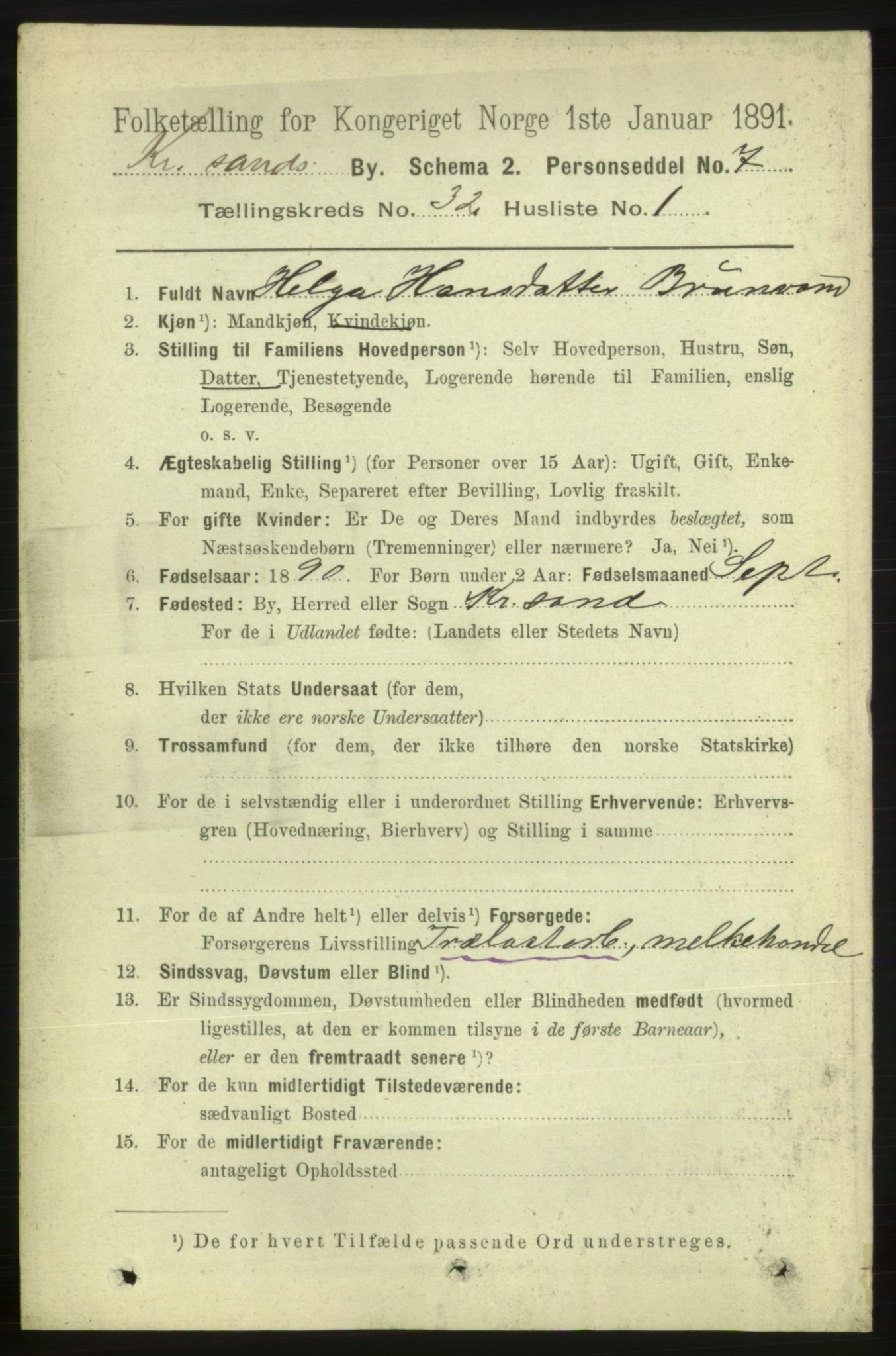 RA, 1891 census for 1001 Kristiansand, 1891, p. 10255