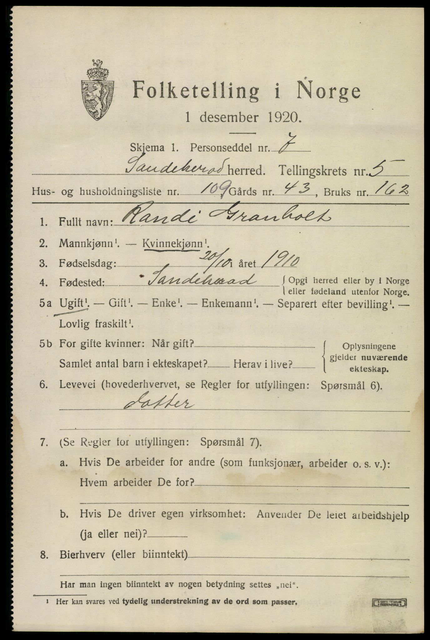 SAKO, 1920 census for Sandeherred, 1920, p. 9532