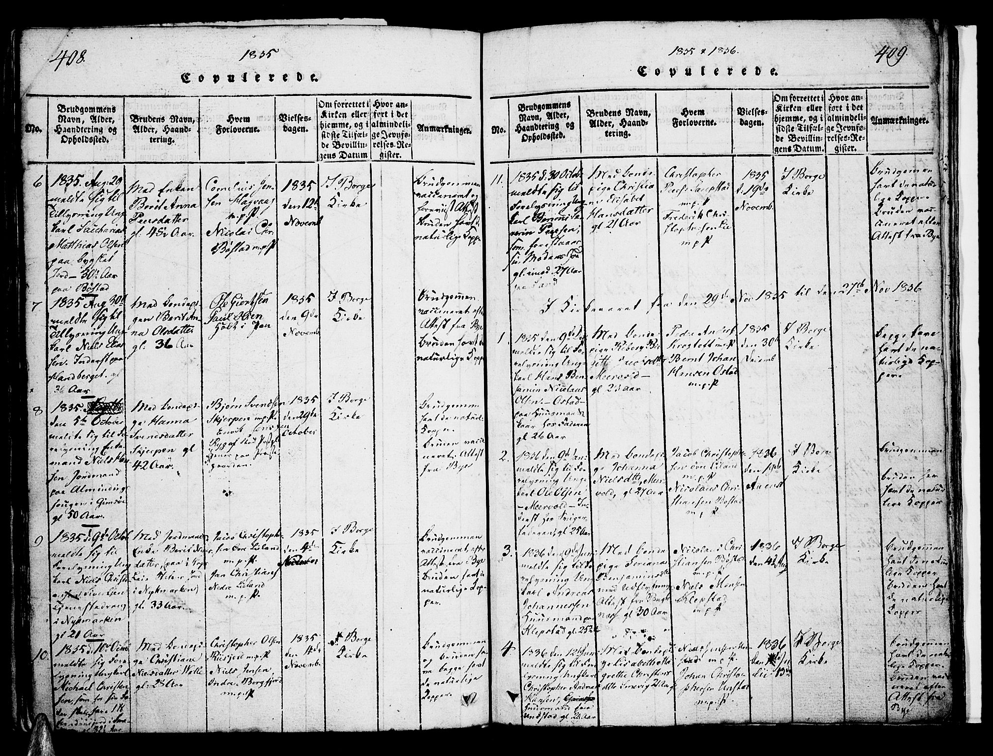 Ministerialprotokoller, klokkerbøker og fødselsregistre - Nordland, AV/SAT-A-1459/880/L1130: Parish register (official) no. 880A04, 1821-1843, p. 408-409