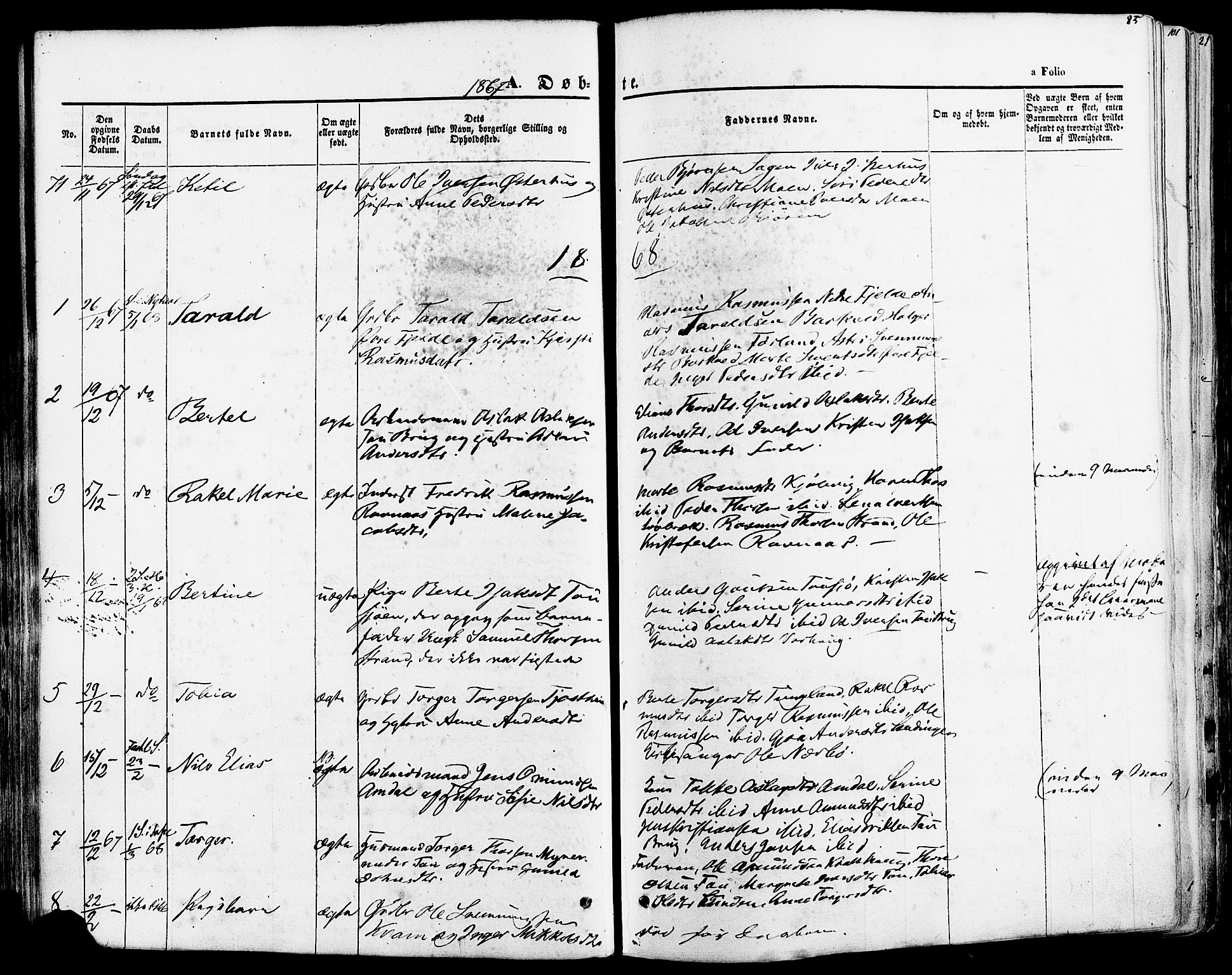 Strand sokneprestkontor, SAST/A-101828/H/Ha/Haa/L0007: Parish register (official) no. A 7, 1855-1881, p. 85