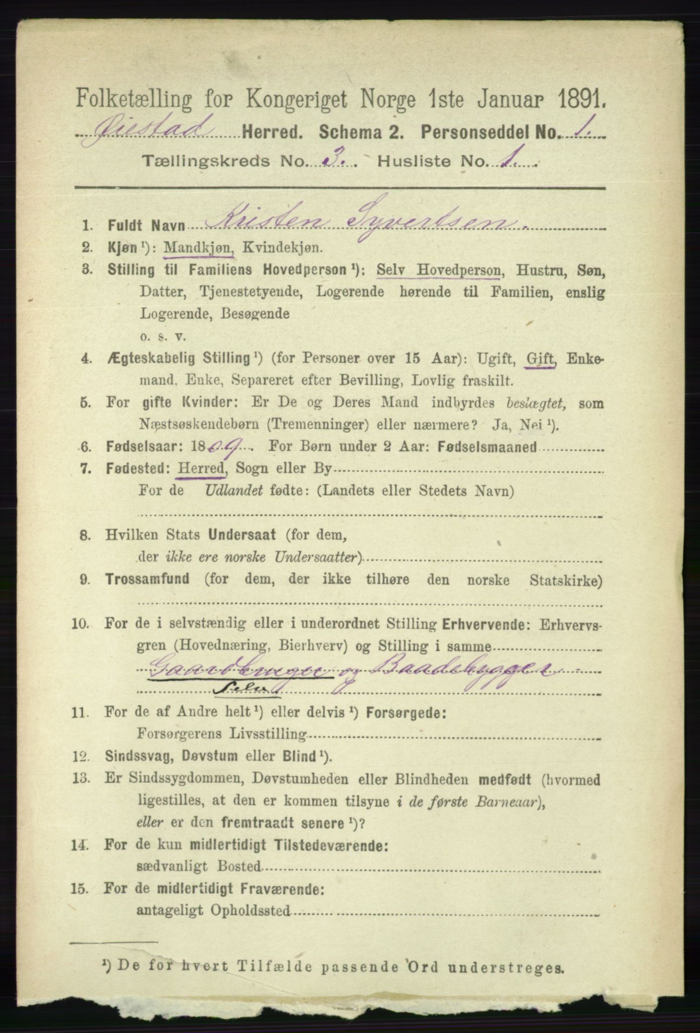 RA, 1891 census for 0920 Øyestad, 1891, p. 908