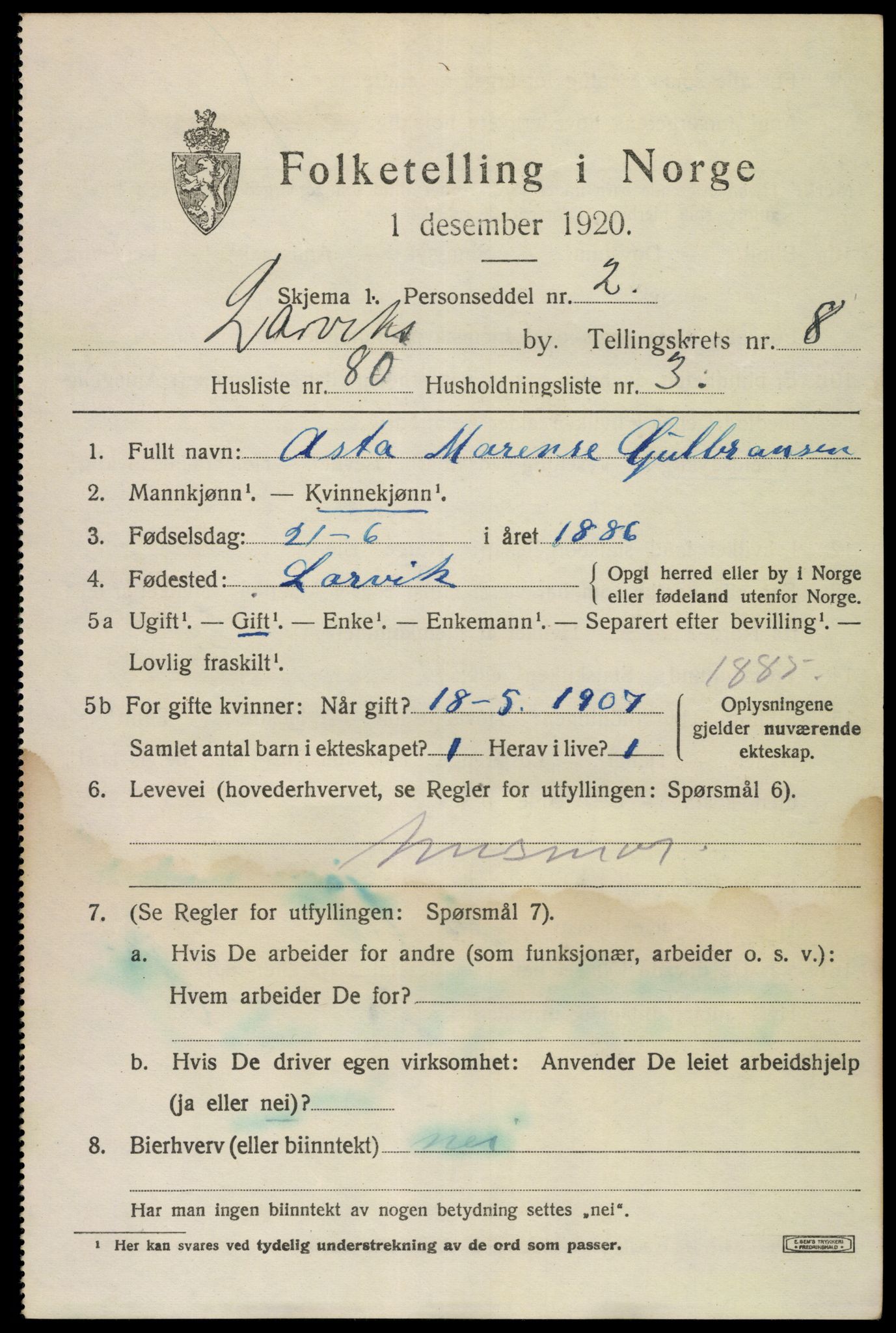 SAKO, 1920 census for Larvik, 1920, p. 24074