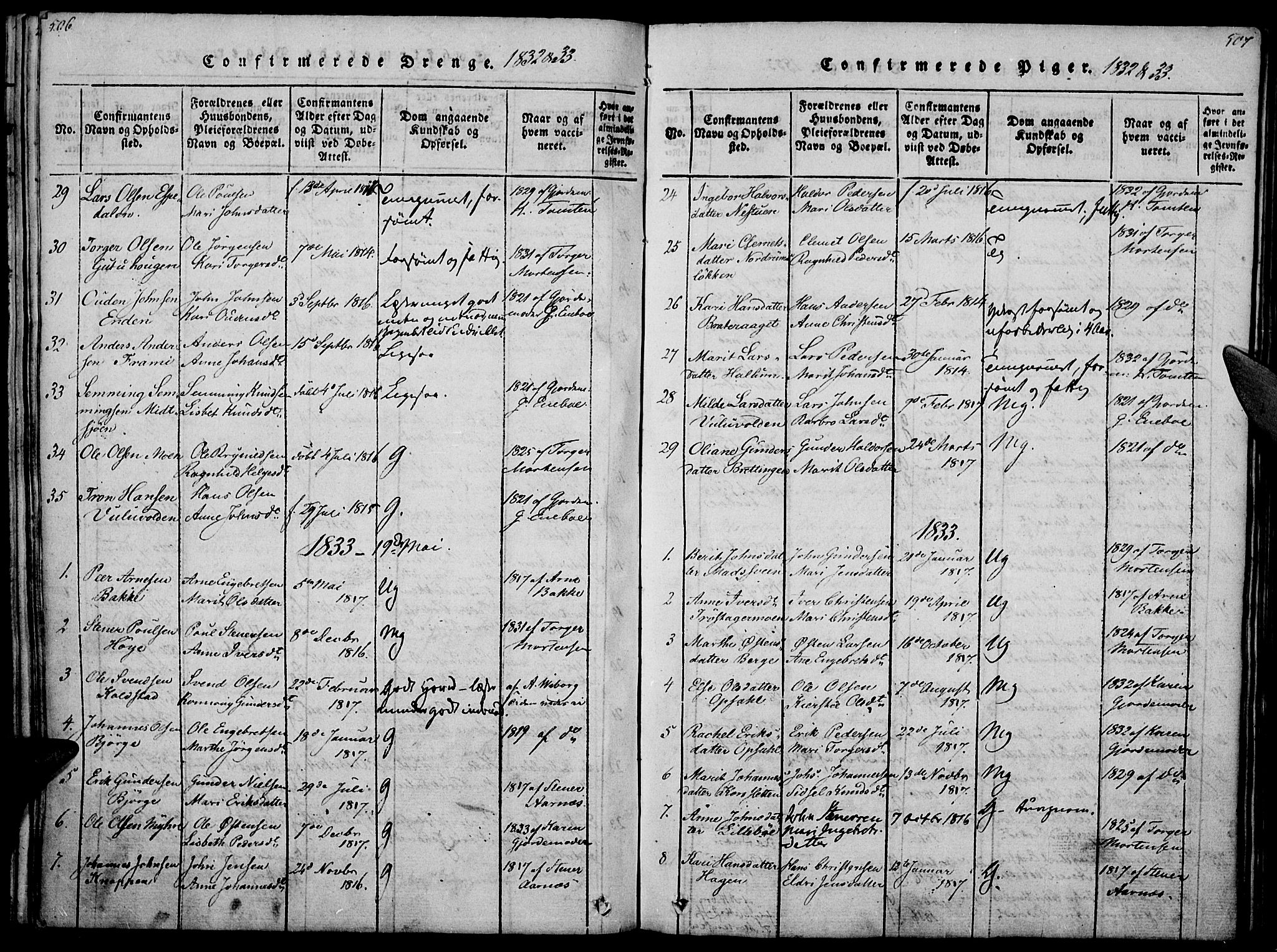 Ringebu prestekontor, SAH/PREST-082/H/Ha/Haa/L0004: Parish register (official) no. 4, 1821-1839, p. 506-507
