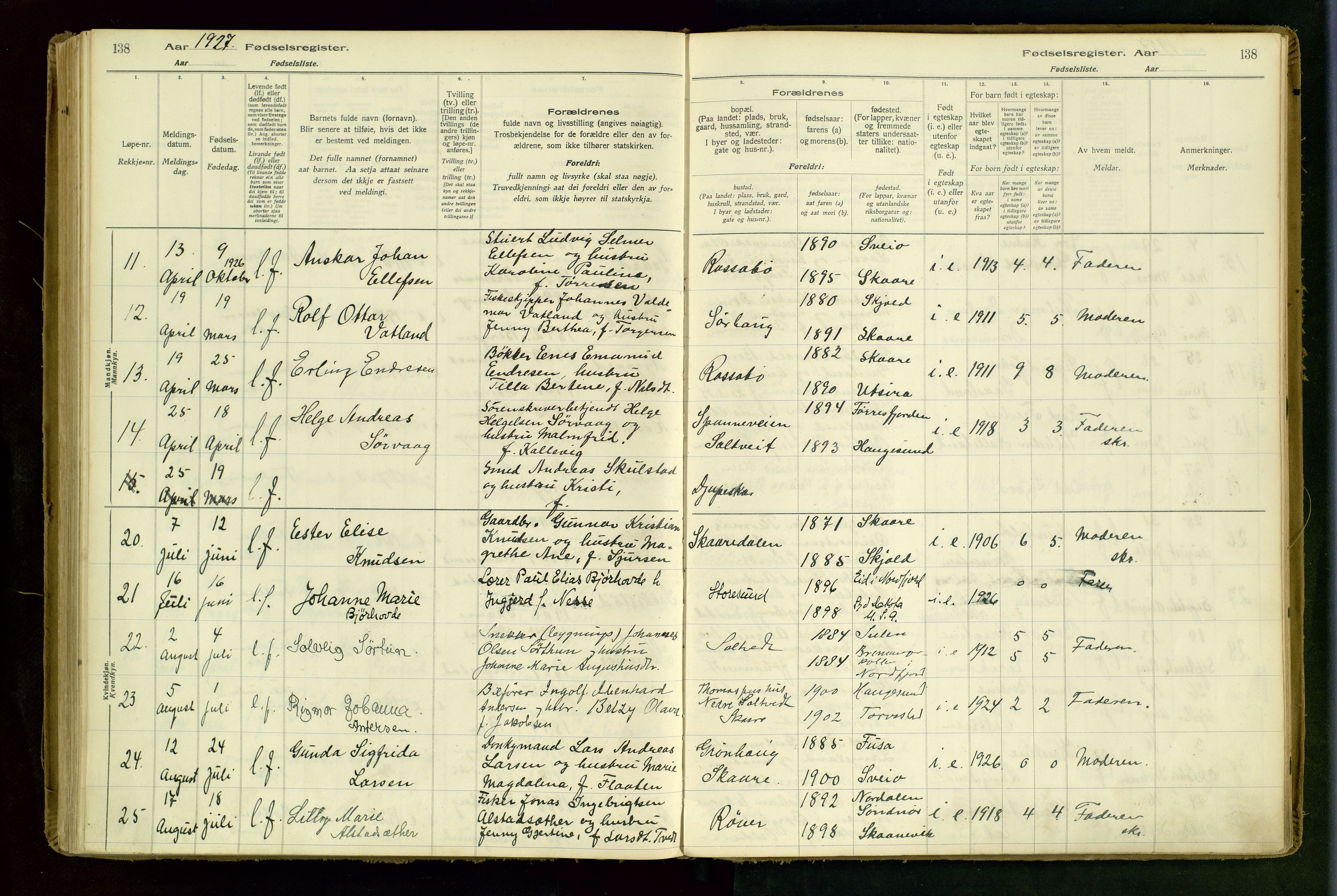 Haugesund sokneprestkontor, AV/SAST-A -101863/I/Id/L0001: Birth register no. 1, 1916-1935, p. 138