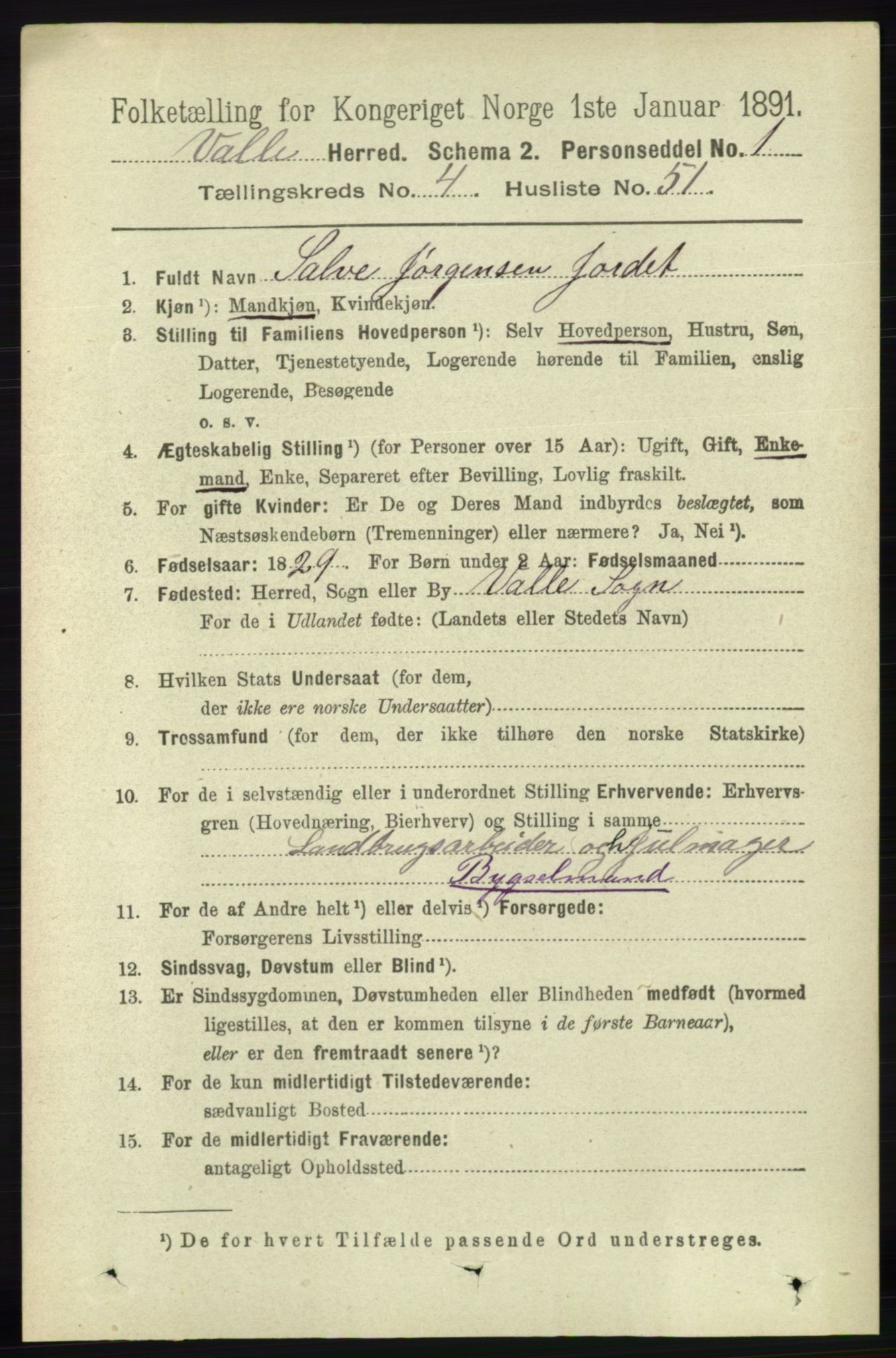 RA, 1891 census for 0940 Valle, 1891, p. 1275