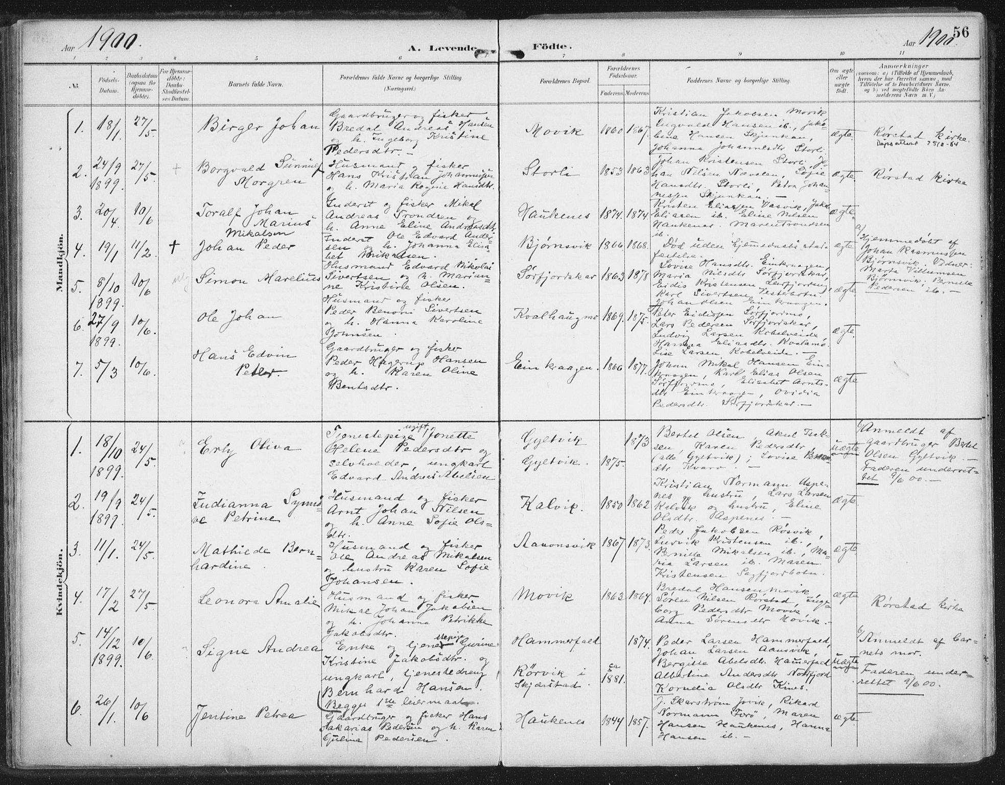 Ministerialprotokoller, klokkerbøker og fødselsregistre - Nordland, AV/SAT-A-1459/854/L0779: Parish register (official) no. 854A02, 1892-1909, p. 56