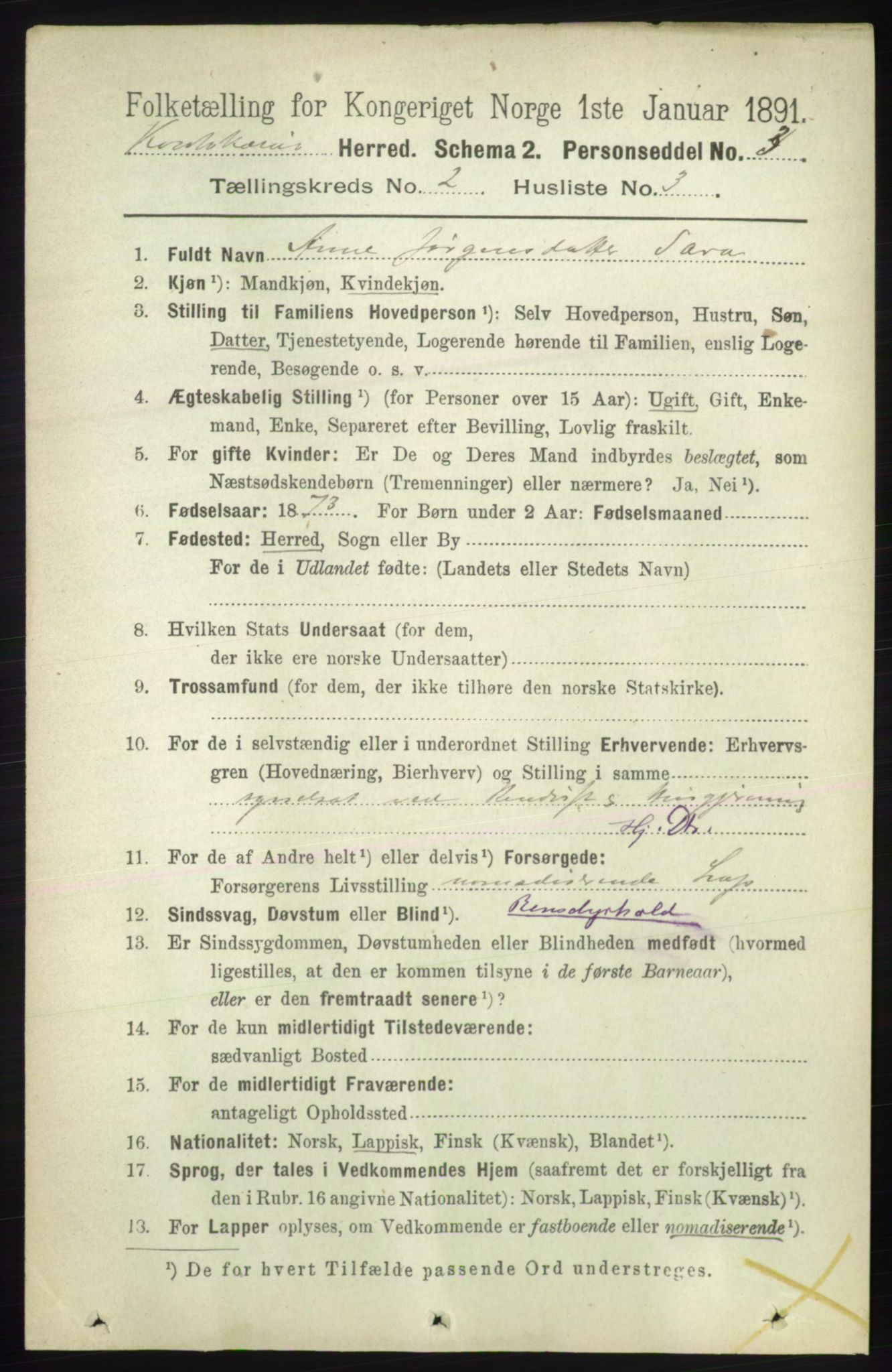 RA, 1891 census for 2011 Kautokeino, 1891, p. 333