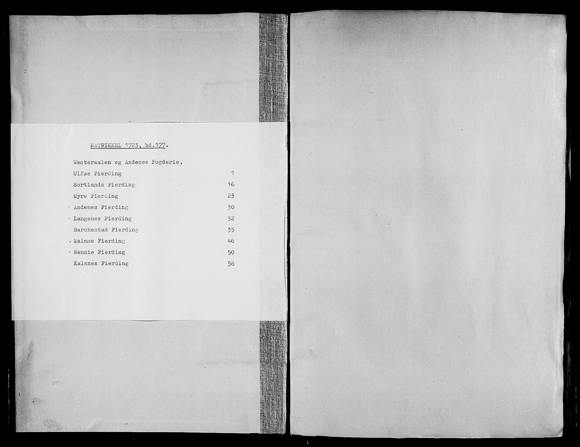 Rentekammeret inntil 1814, Realistisk ordnet avdeling, AV/RA-EA-4070/N/Nb/Nbf/L0177: Vesterålen og Andenes matrikkelprotokoll, 1723, p. 1