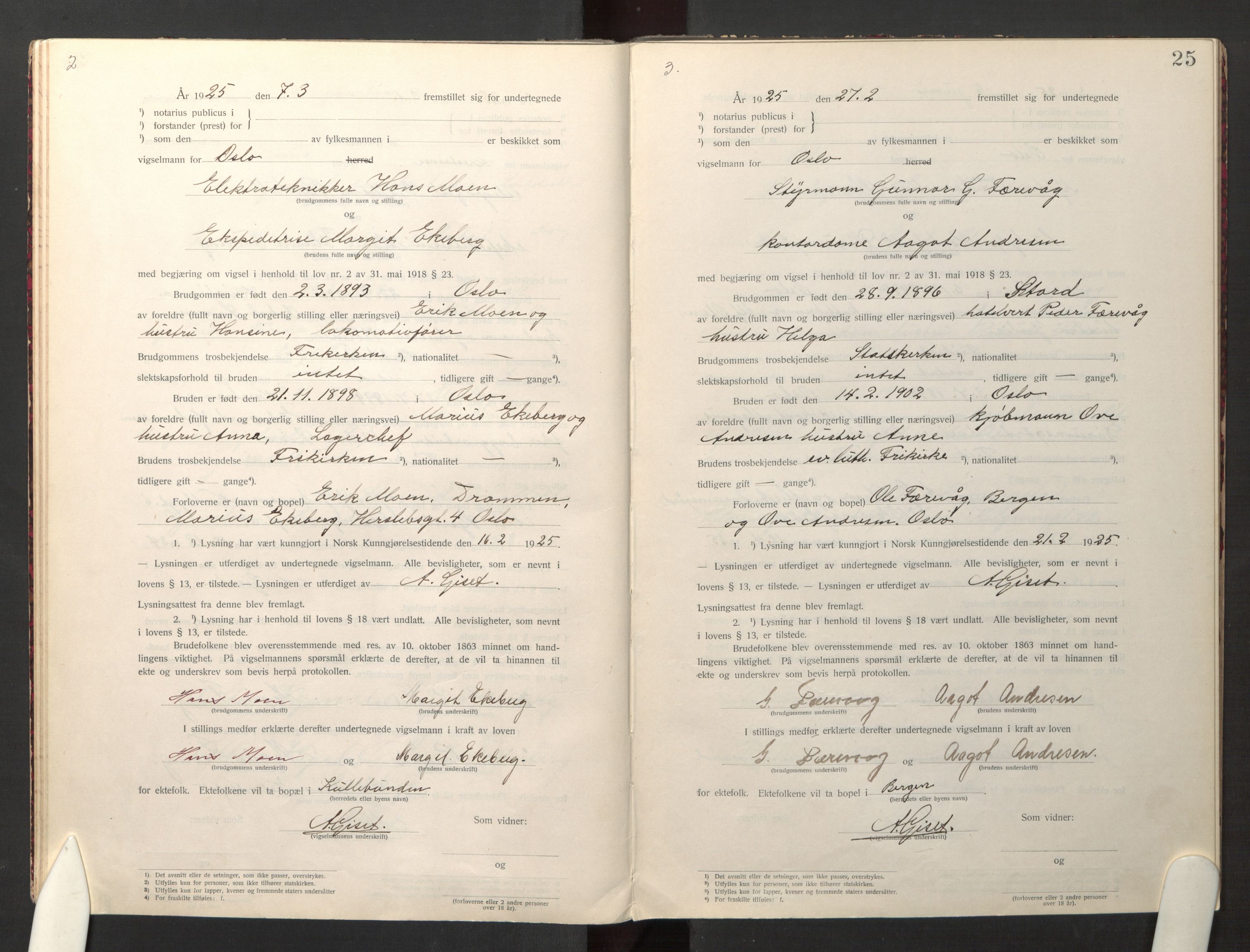 Den evangelisk-lutherske frikirke østre menighet, Oslo, SAO/PAO-0245/F/L0005: Marriage register (dissenter) no. 5, 1920-1941, p. 25