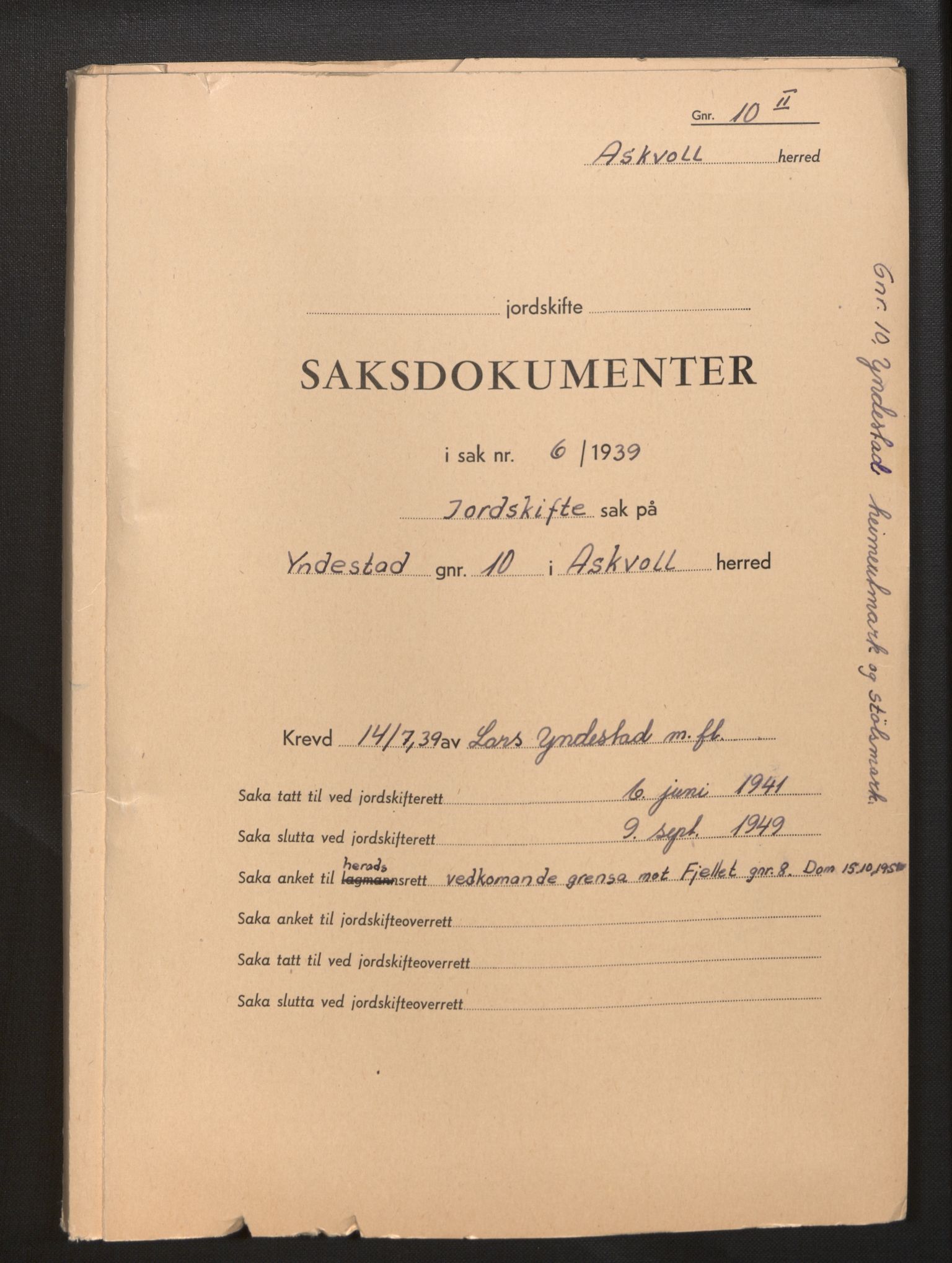 Sogn og Fjordane jordskiftedøme - III Sunnfjord jordskiftedistrikt, SAB/A-6201/B/Bb/L0002: Askvoll gnr. 7-11, 1939-1952, p. 1