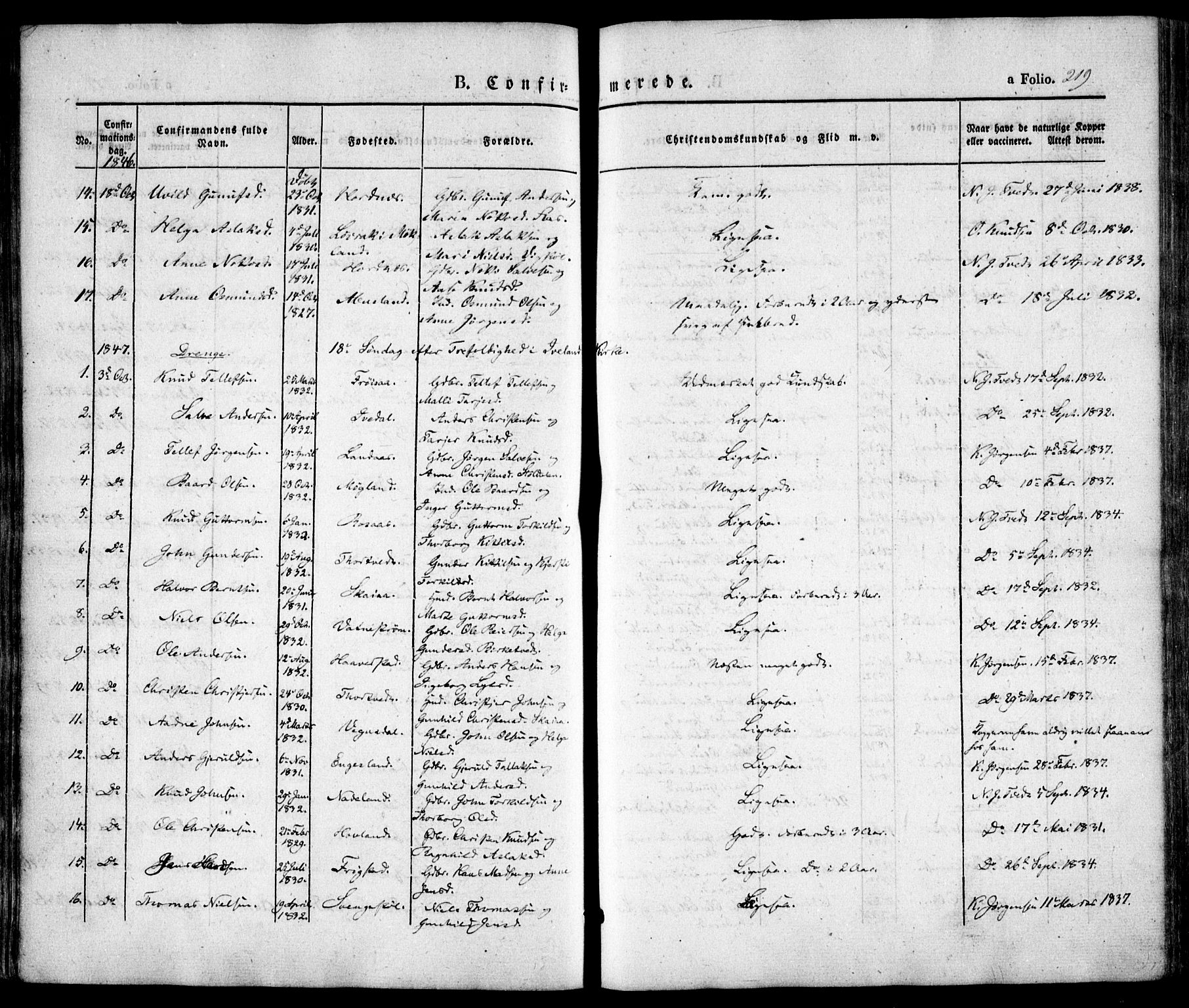 Evje sokneprestkontor, SAK/1111-0008/F/Fa/Faa/L0005: Parish register (official) no. A 5, 1843-1865, p. 219