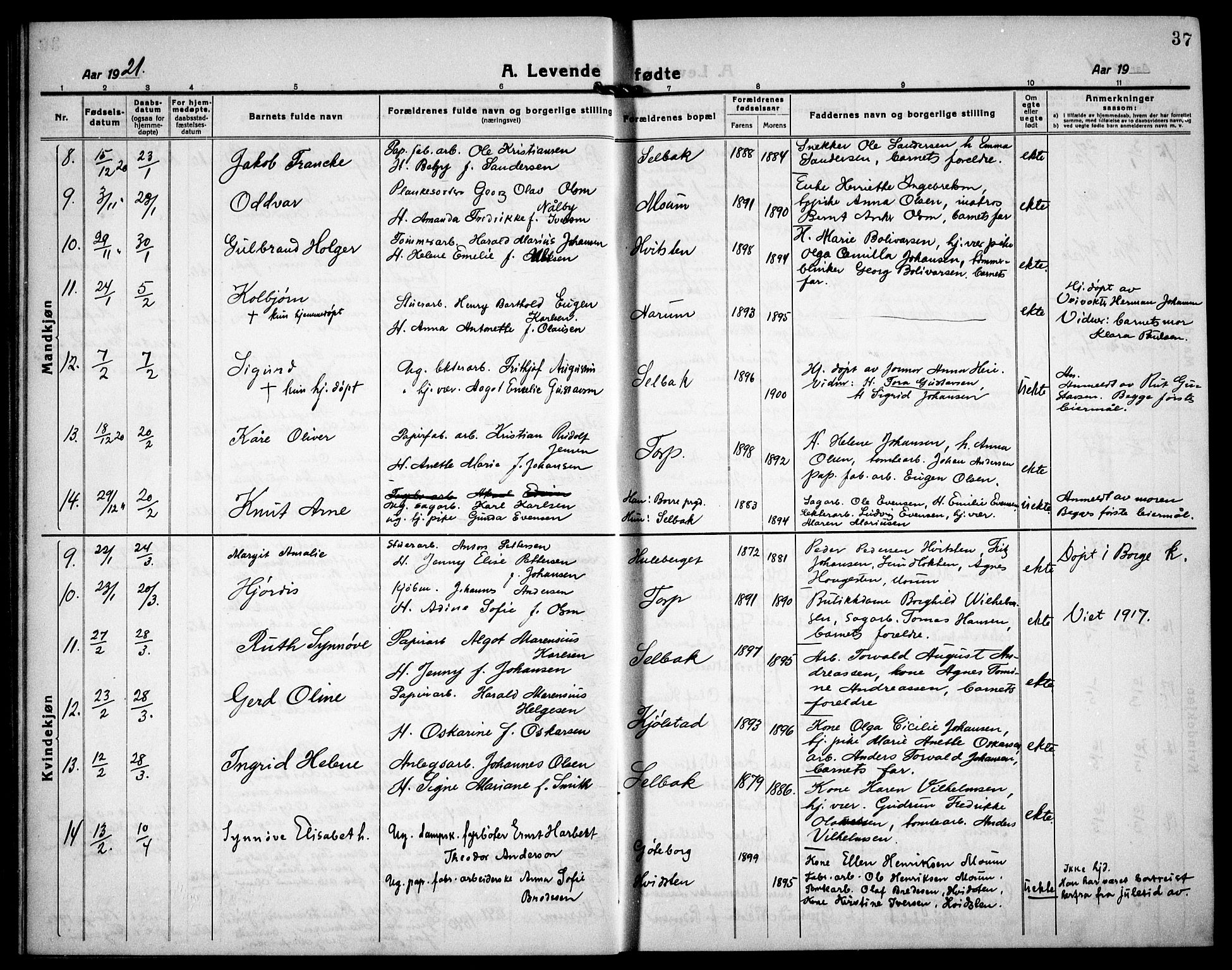 Borge prestekontor Kirkebøker, AV/SAO-A-10903/G/Ga/L0003: Parish register (copy) no. I 3, 1918-1939, p. 37