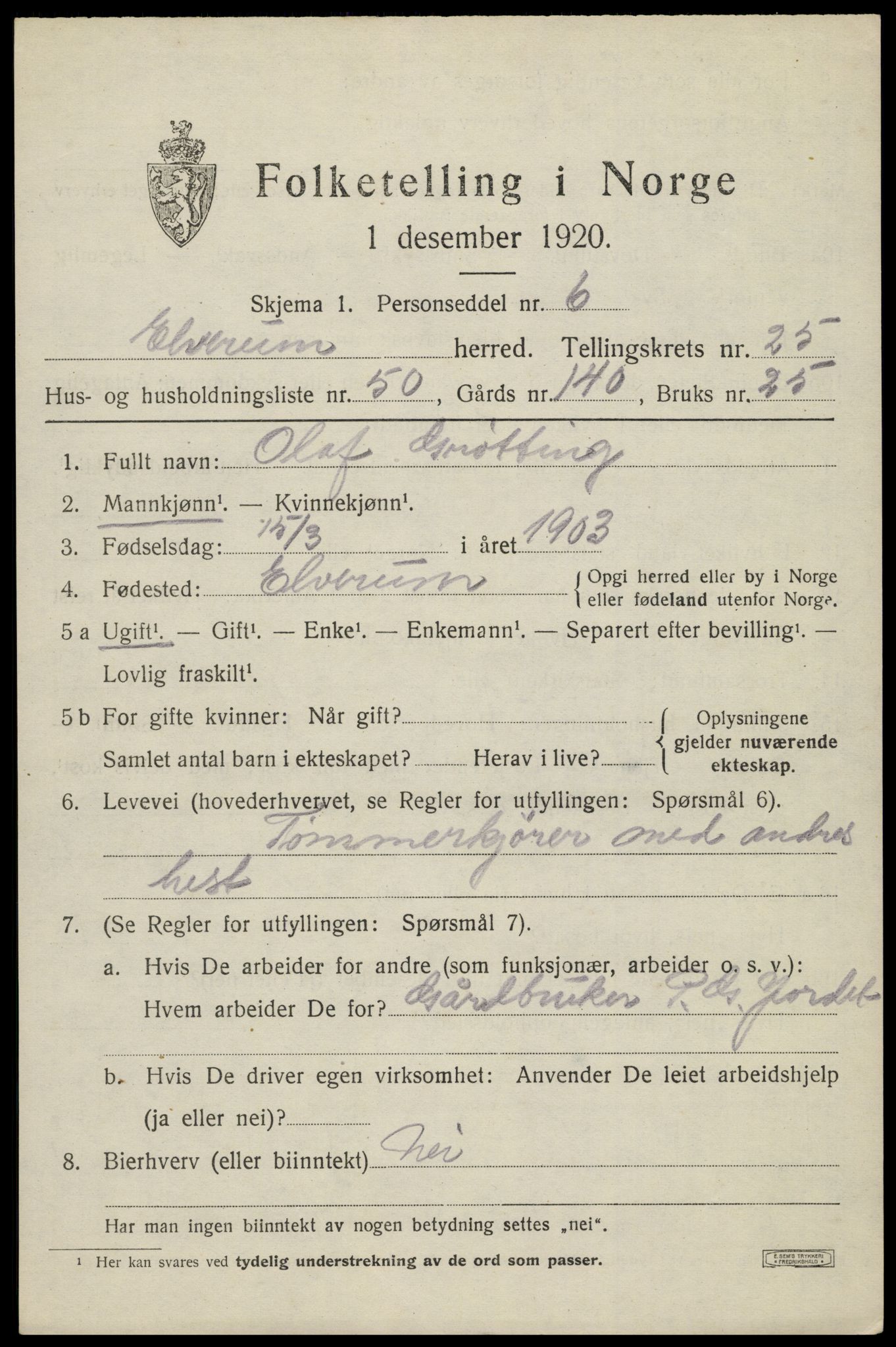 SAH, 1920 census for Elverum, 1920, p. 26832