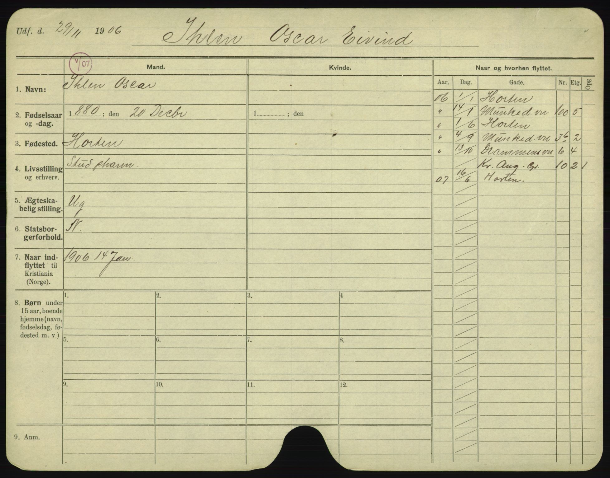 Oslo folkeregister, Registerkort, AV/SAO-A-11715/F/Fa/Fac/L0005: Menn, 1906-1914, p. 8a