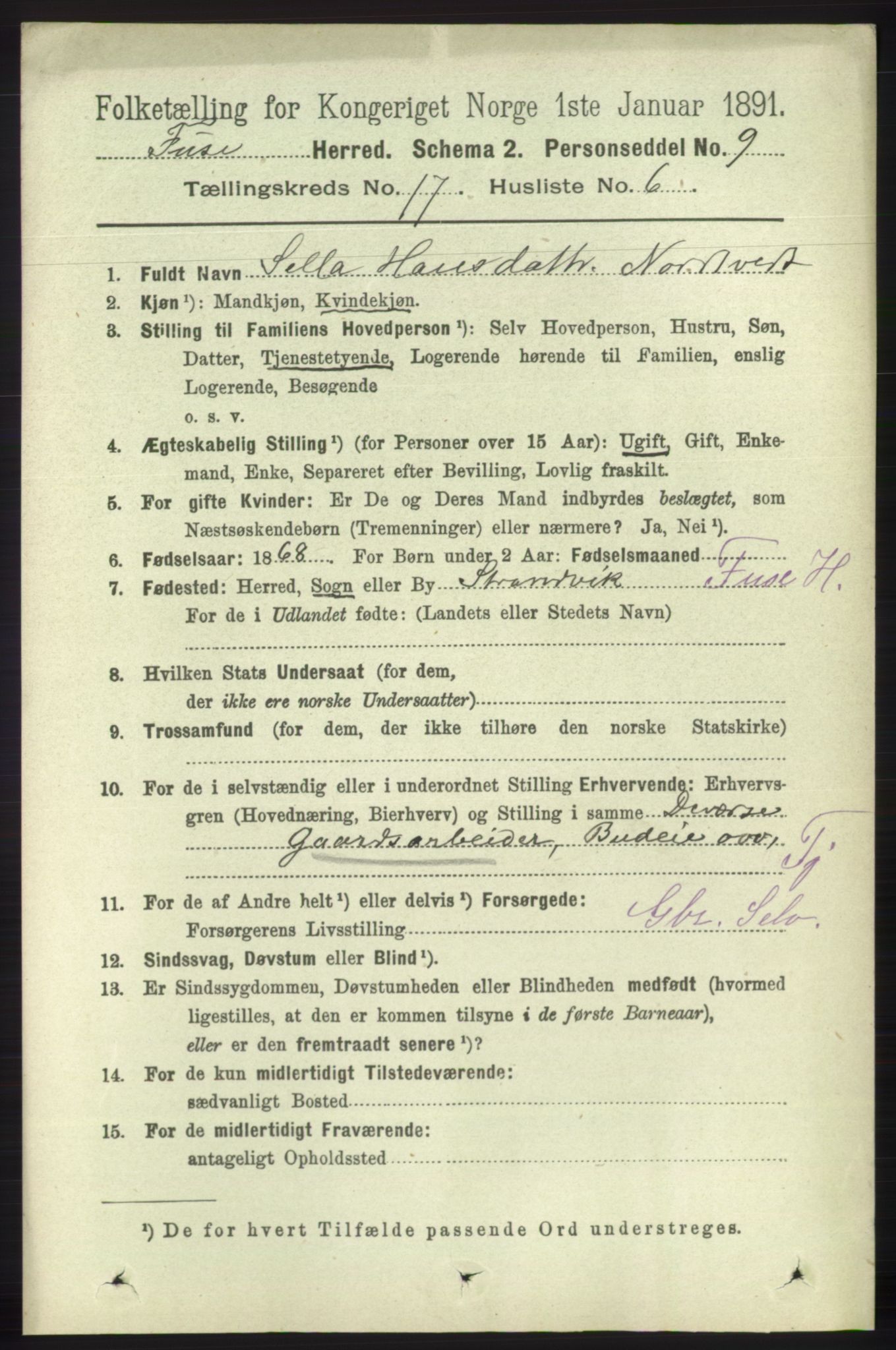 RA, 1891 census for 1241 Fusa, 1891, p. 3846