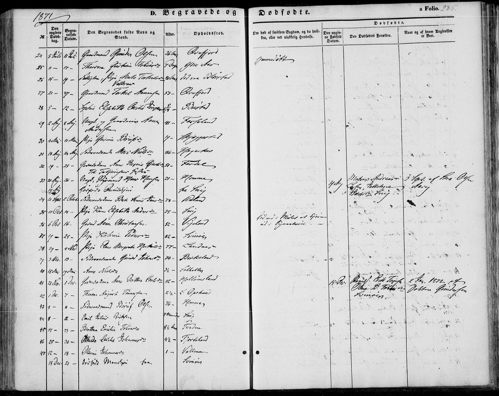 Sør-Audnedal sokneprestkontor, AV/SAK-1111-0039/F/Fa/Fab/L0007: Parish register (official) no. A 7, 1855-1876, p. 285