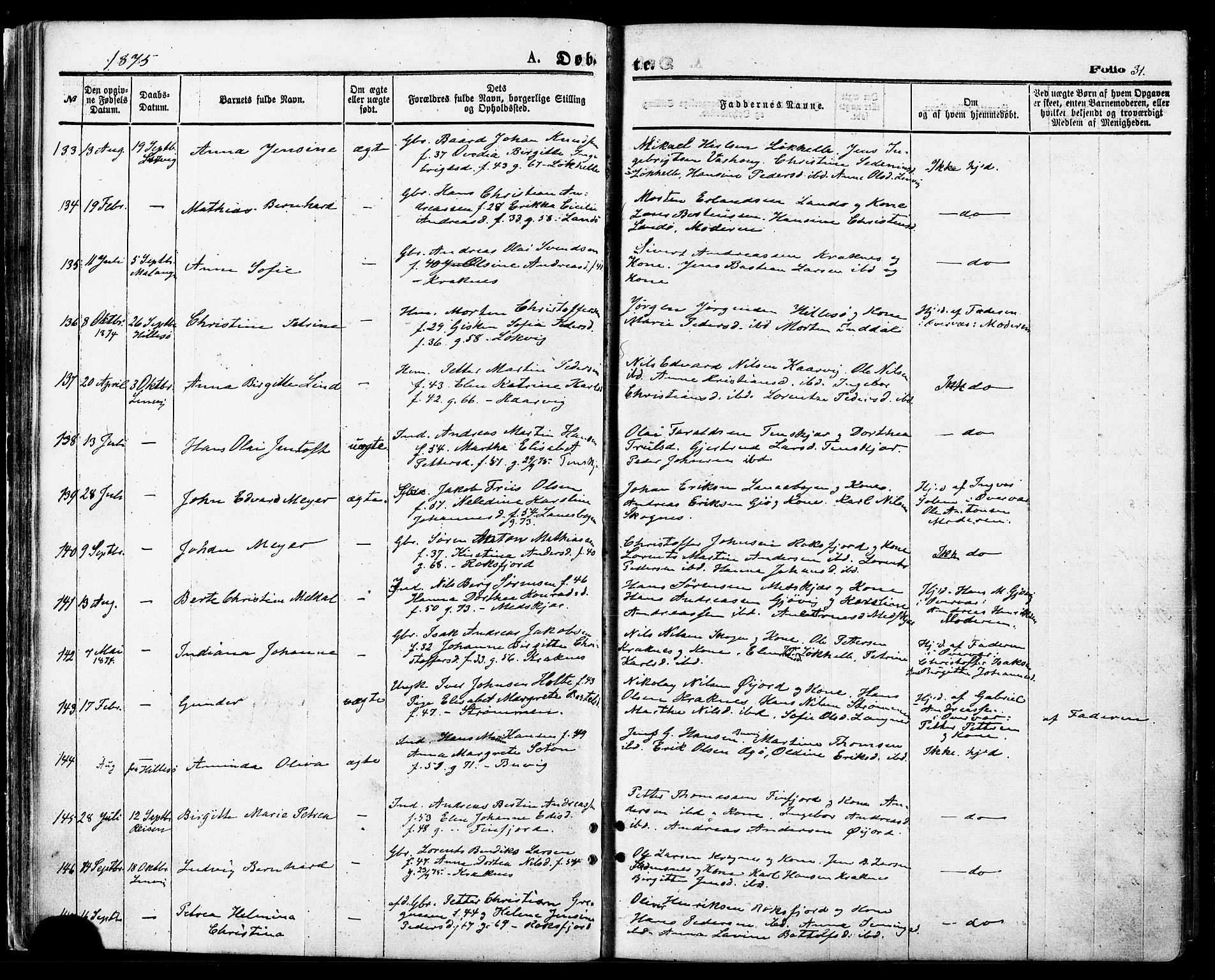 Lenvik sokneprestembete, AV/SATØ-S-1310/H/Ha/Haa/L0010kirke: Parish register (official) no. 10, 1873-1880, p. 31