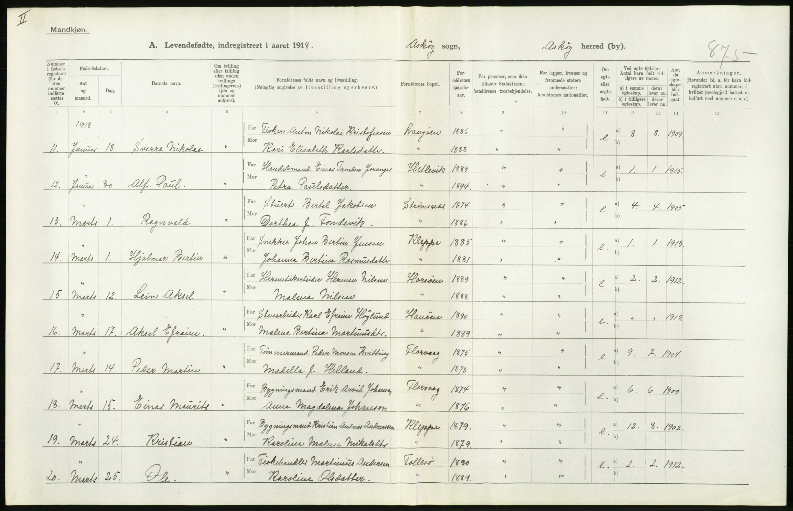 Statistisk sentralbyrå, Sosiodemografiske emner, Befolkning, RA/S-2228/D/Df/Dfb/Dfbh/L0034: Hordaland fylke: Levendefødte menn og kvinner. Bygder., 1918, p. 46