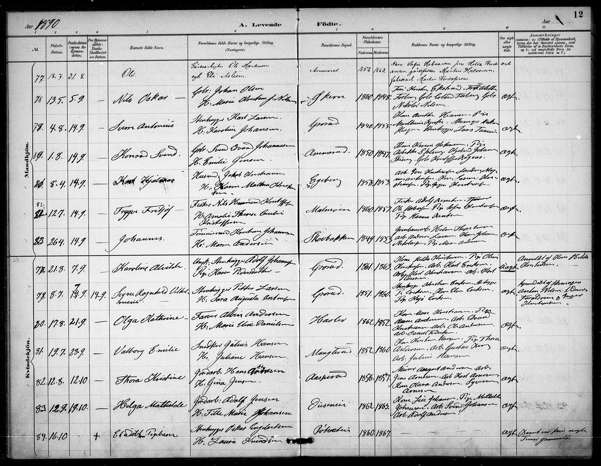 Østre Aker prestekontor Kirkebøker, AV/SAO-A-10840/F/Fa/L0009: Parish register (official) no. I 9, 1890-1894, p. 12