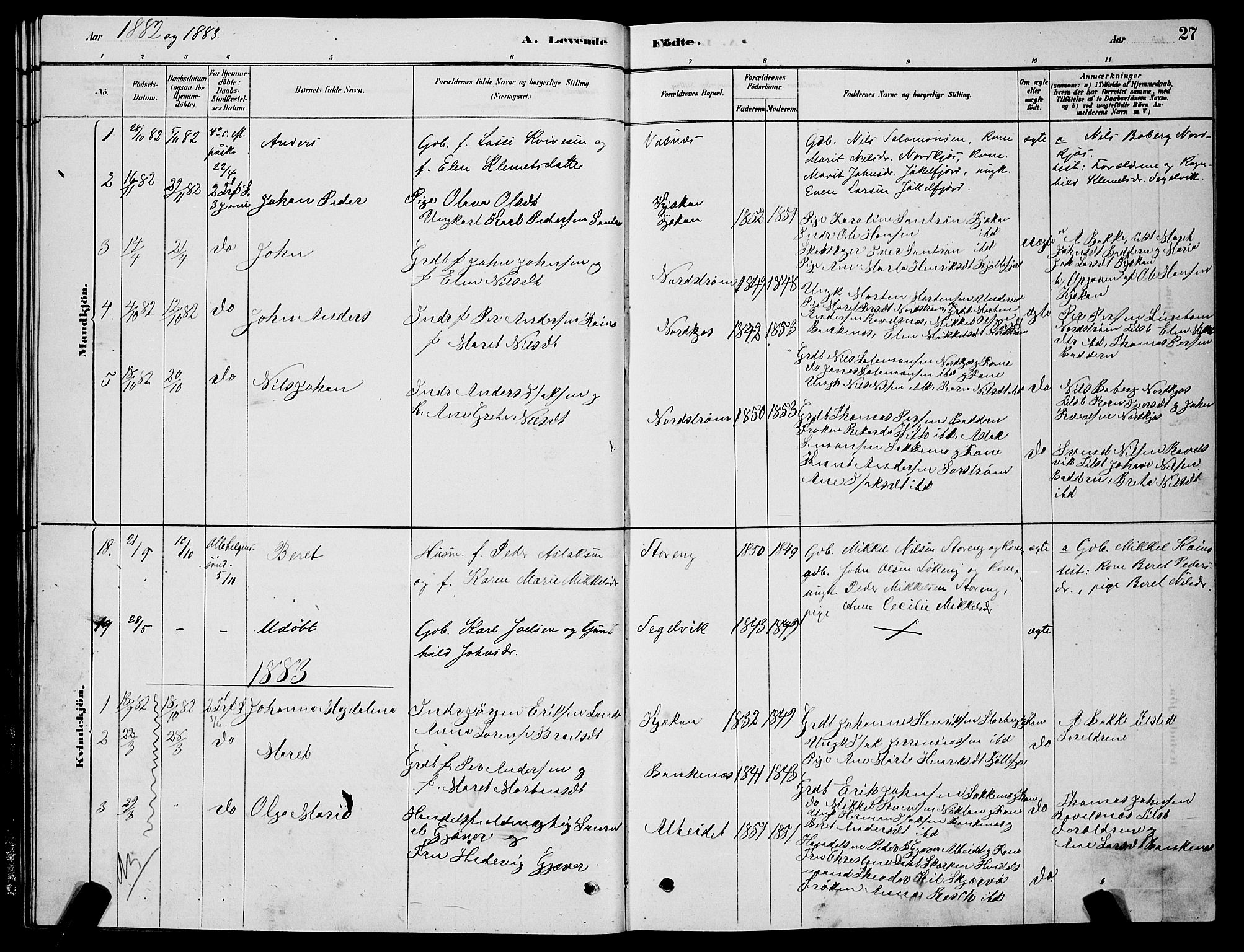 Skjervøy sokneprestkontor, SATØ/S-1300/H/Ha/Hab/L0015klokker: Parish register (copy) no. 15, 1878-1890, p. 27