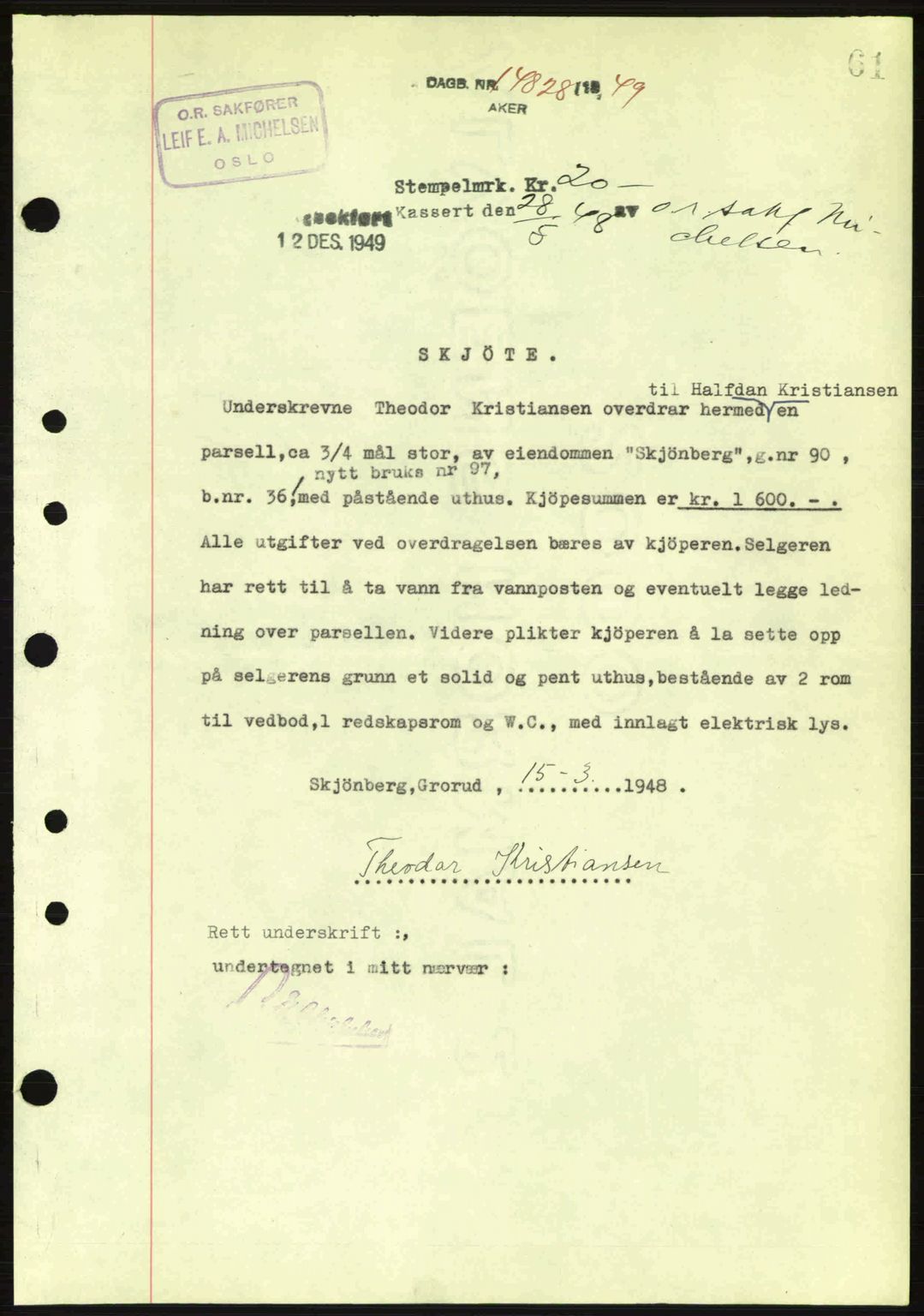 Oslo byskriverembete, AV/SAO-A-10227/G/Gb/Gbd/Gbda/L0017: Mortgage book no. A215, 1949-1950, Diary no: : 14828/1949