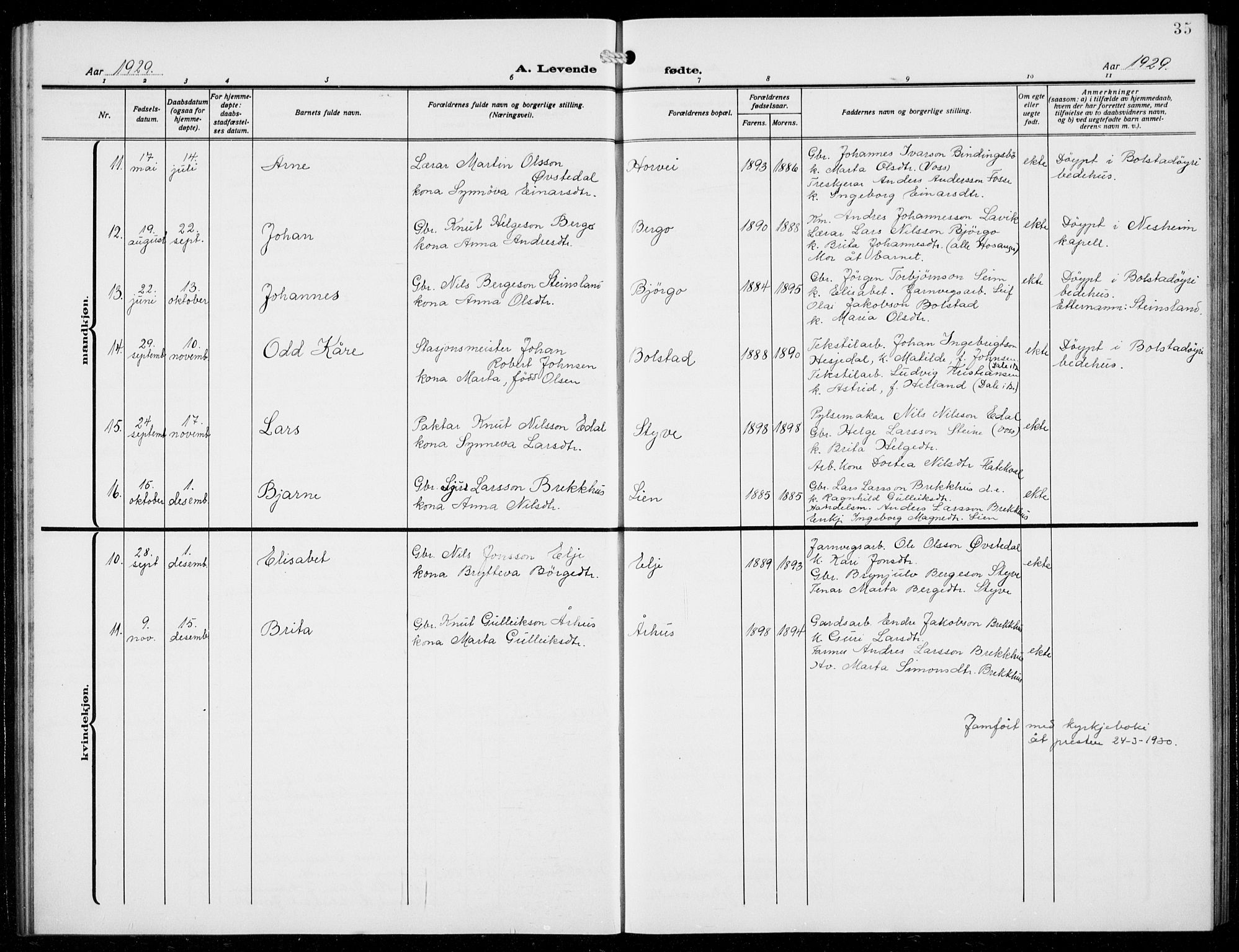 Evanger sokneprestembete, AV/SAB-A-99924: Parish register (copy) no. A 6, 1918-1941, p. 35