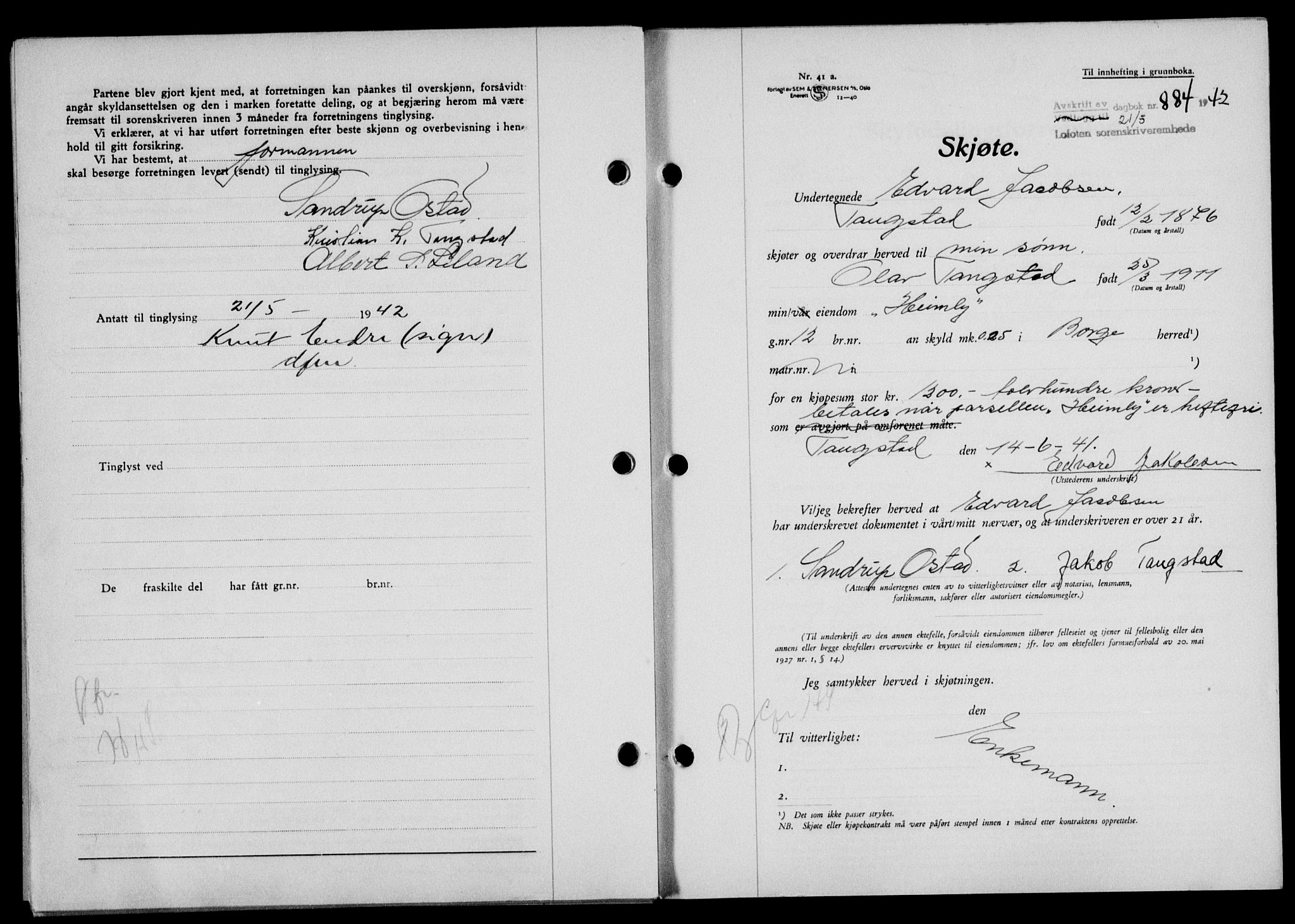 Lofoten sorenskriveri, SAT/A-0017/1/2/2C/L0009a: Mortgage book no. 9a, 1941-1942, Diary no: : 884/1942