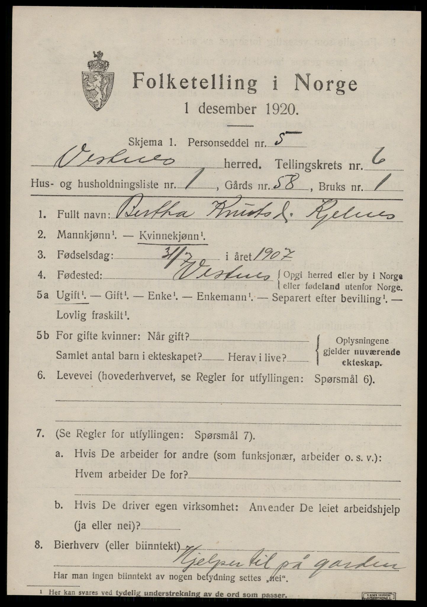 SAT, 1920 census for Vestnes, 1920, p. 4321