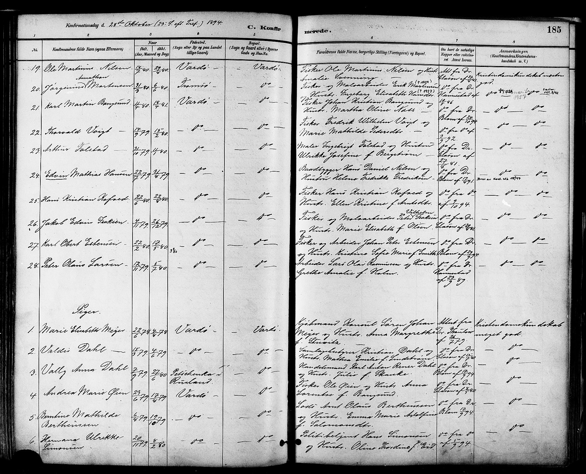 Vardø sokneprestkontor, AV/SATØ-S-1332/H/Ha/L0007kirke: Parish register (official) no. 7, 1886-1897, p. 185