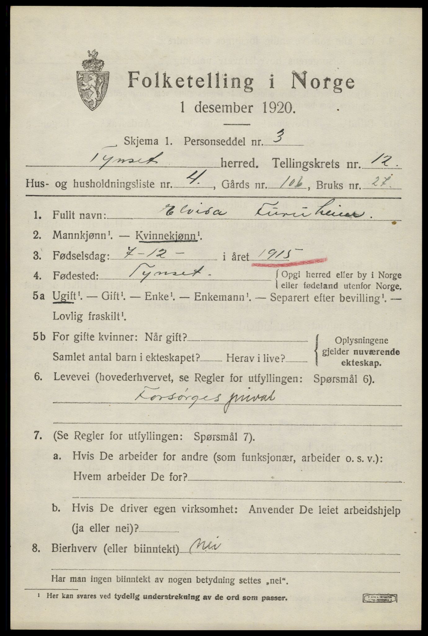 SAH, 1920 census for Tynset, 1920, p. 8362