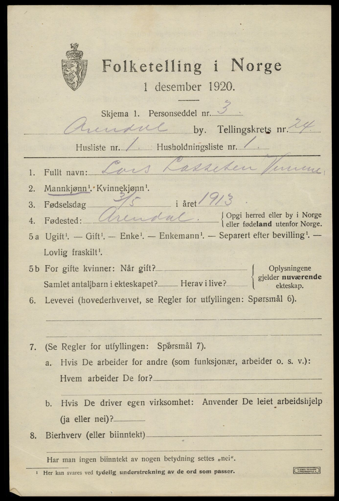 SAK, 1920 census for Arendal, 1920, p. 29796