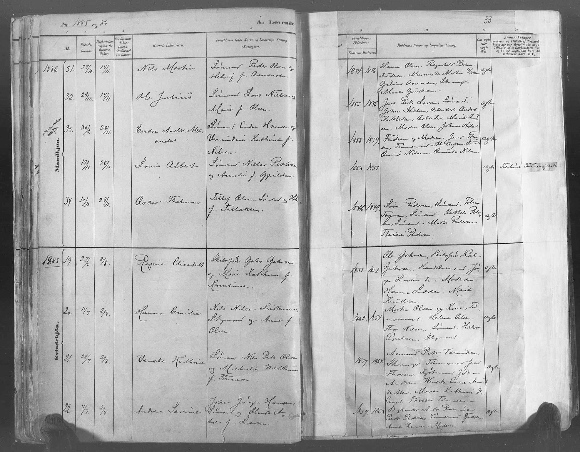 Risør sokneprestkontor, AV/SAK-1111-0035/F/Fa/L0005: Parish register (official) no. A 5, 1883-1895, p. 33