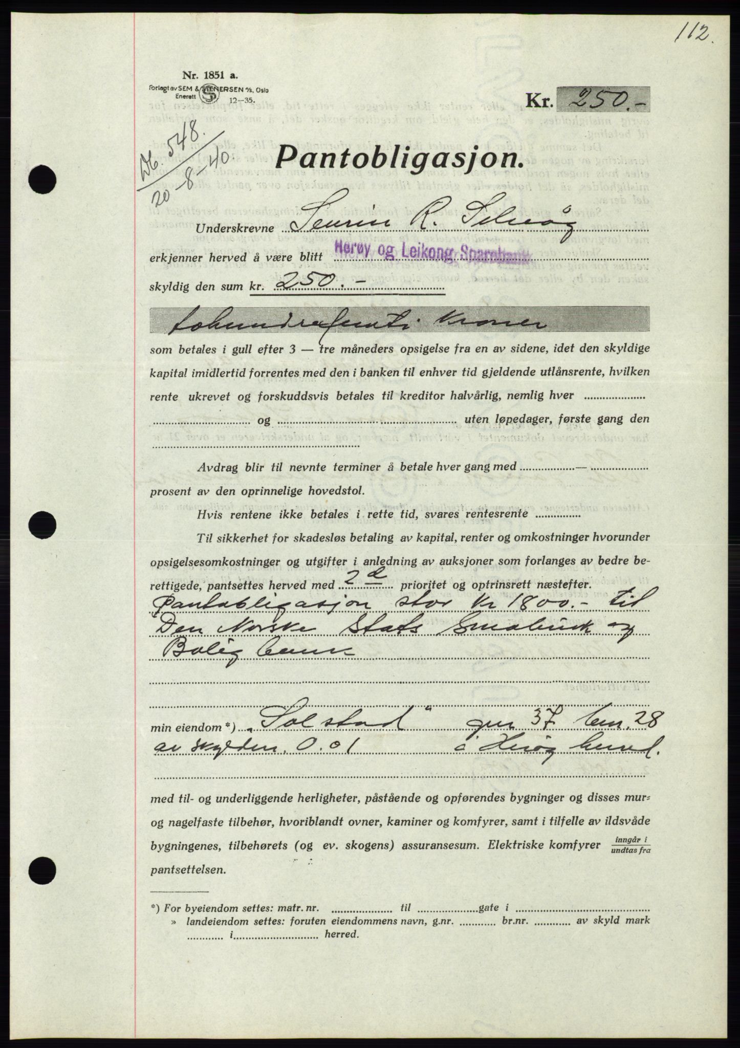 Søre Sunnmøre sorenskriveri, AV/SAT-A-4122/1/2/2C/L0070: Mortgage book no. 64, 1940-1941, Diary no: : 548/1940