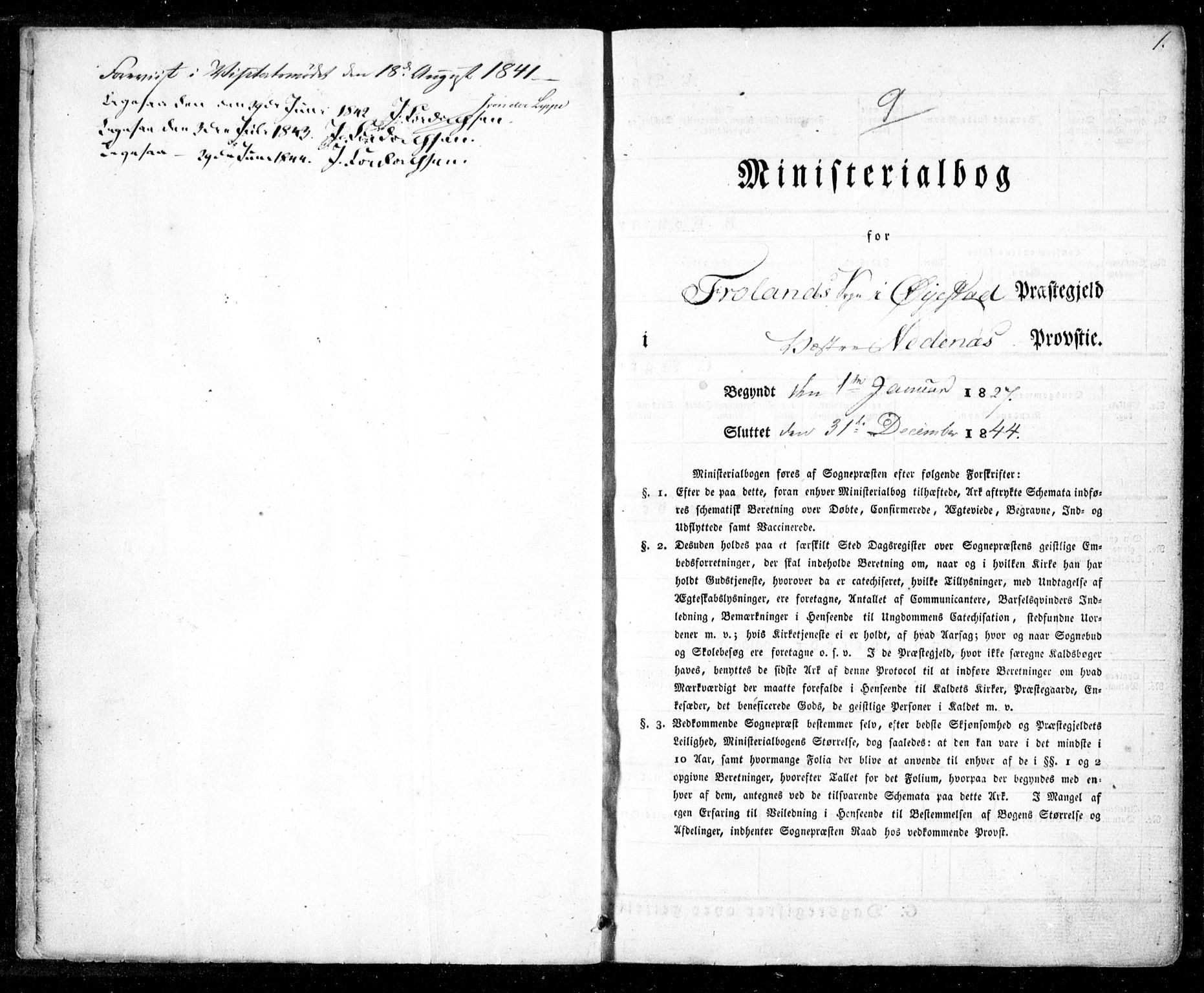 Froland sokneprestkontor, SAK/1111-0013/F/Fa/L0001: Parish register (official) no. A 1, 1827-1844, p. 1