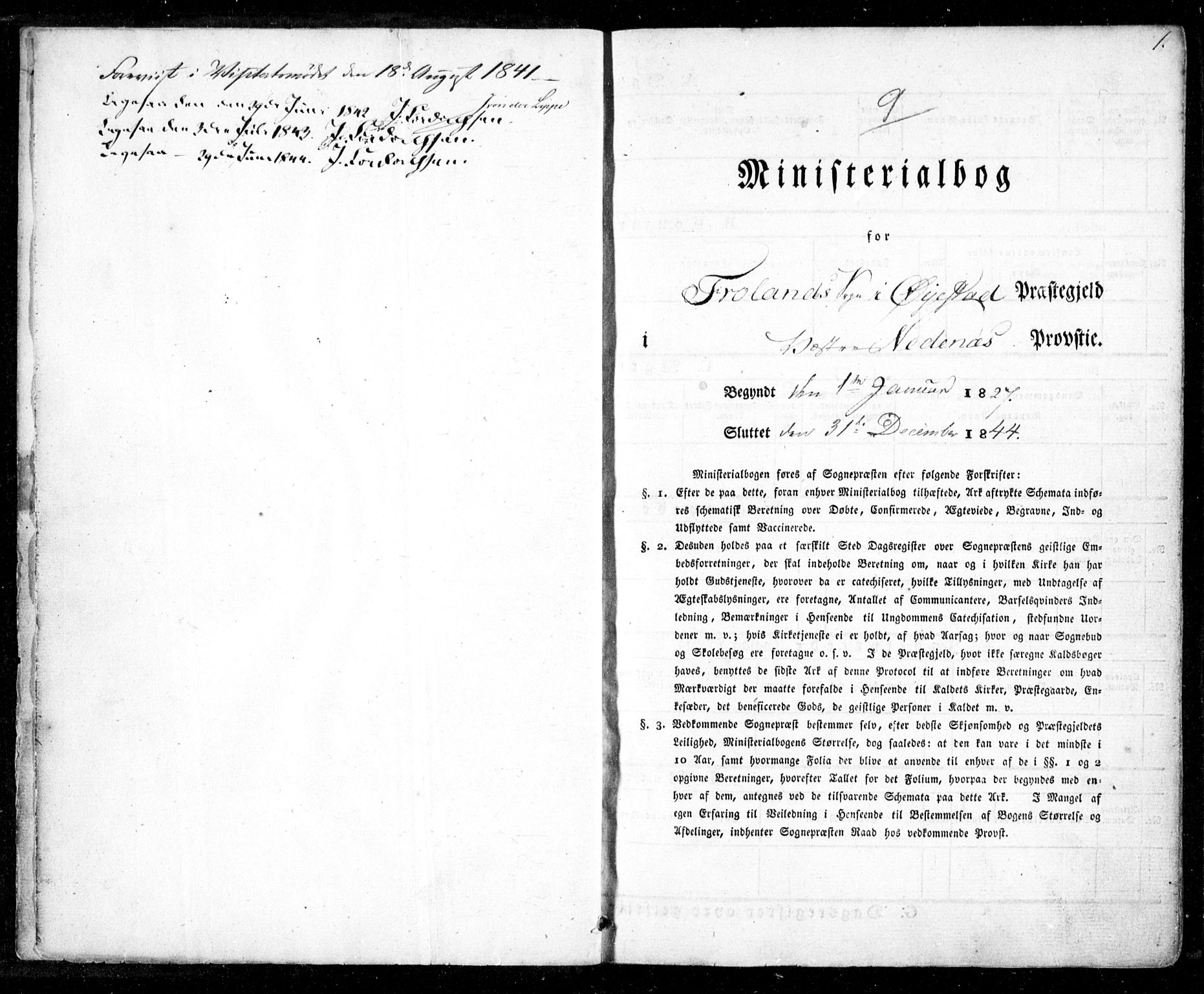 Froland sokneprestkontor, AV/SAK-1111-0013/F/Fa/L0001: Parish register (official) no. A 1, 1827-1844, p. 1