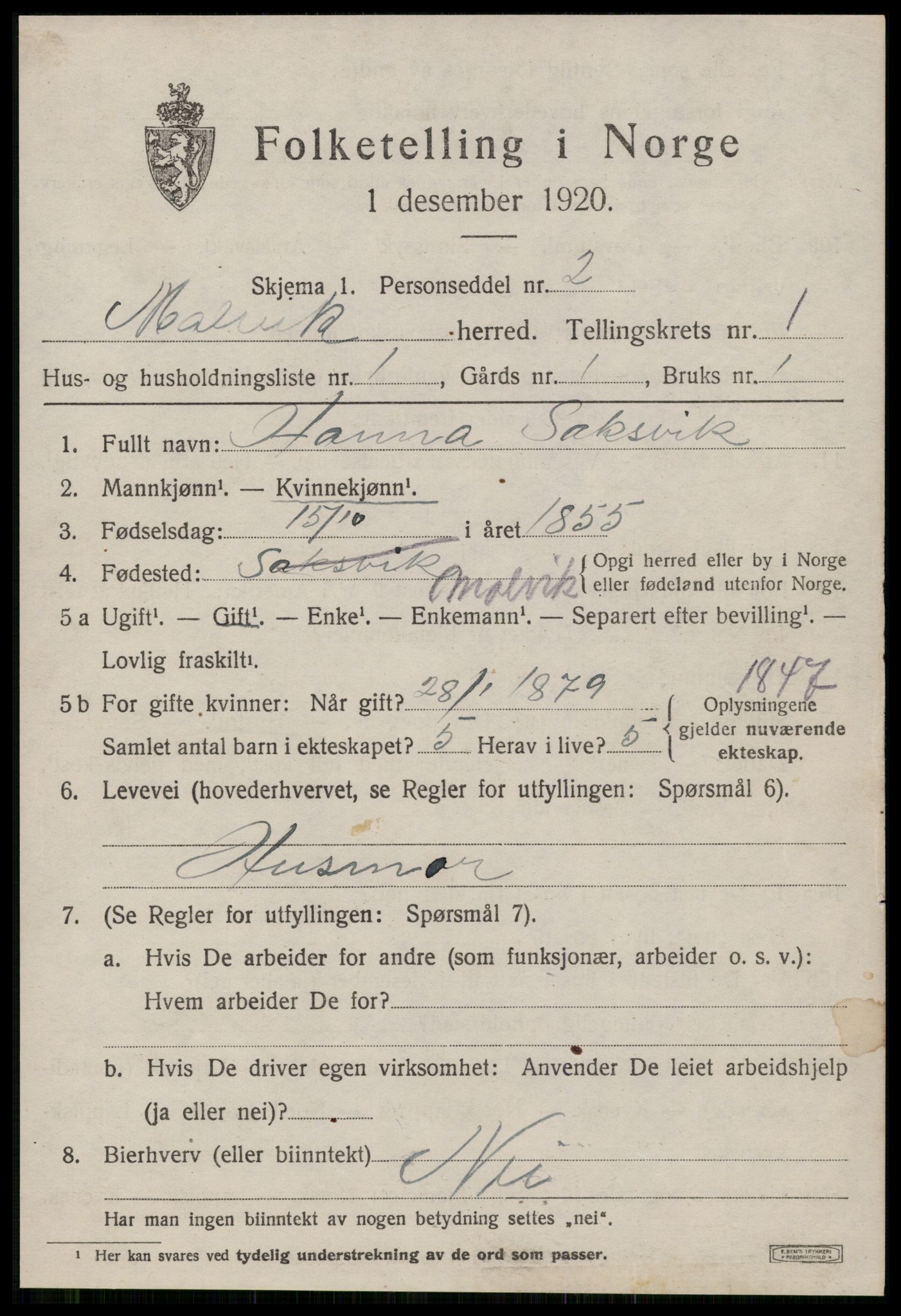 SAT, 1920 census for Malvik, 1920, p. 1192