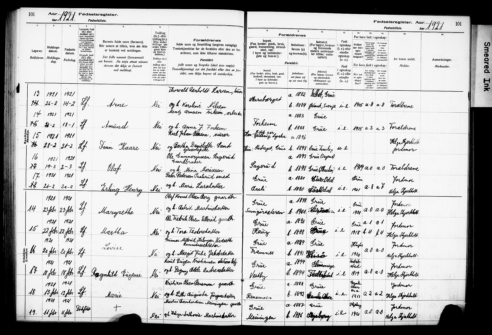 Grue prestekontor, AV/SAH-PREST-036/I/Id/Ida/L0001: Birth register no. I 1, 1916-1926, p. 101