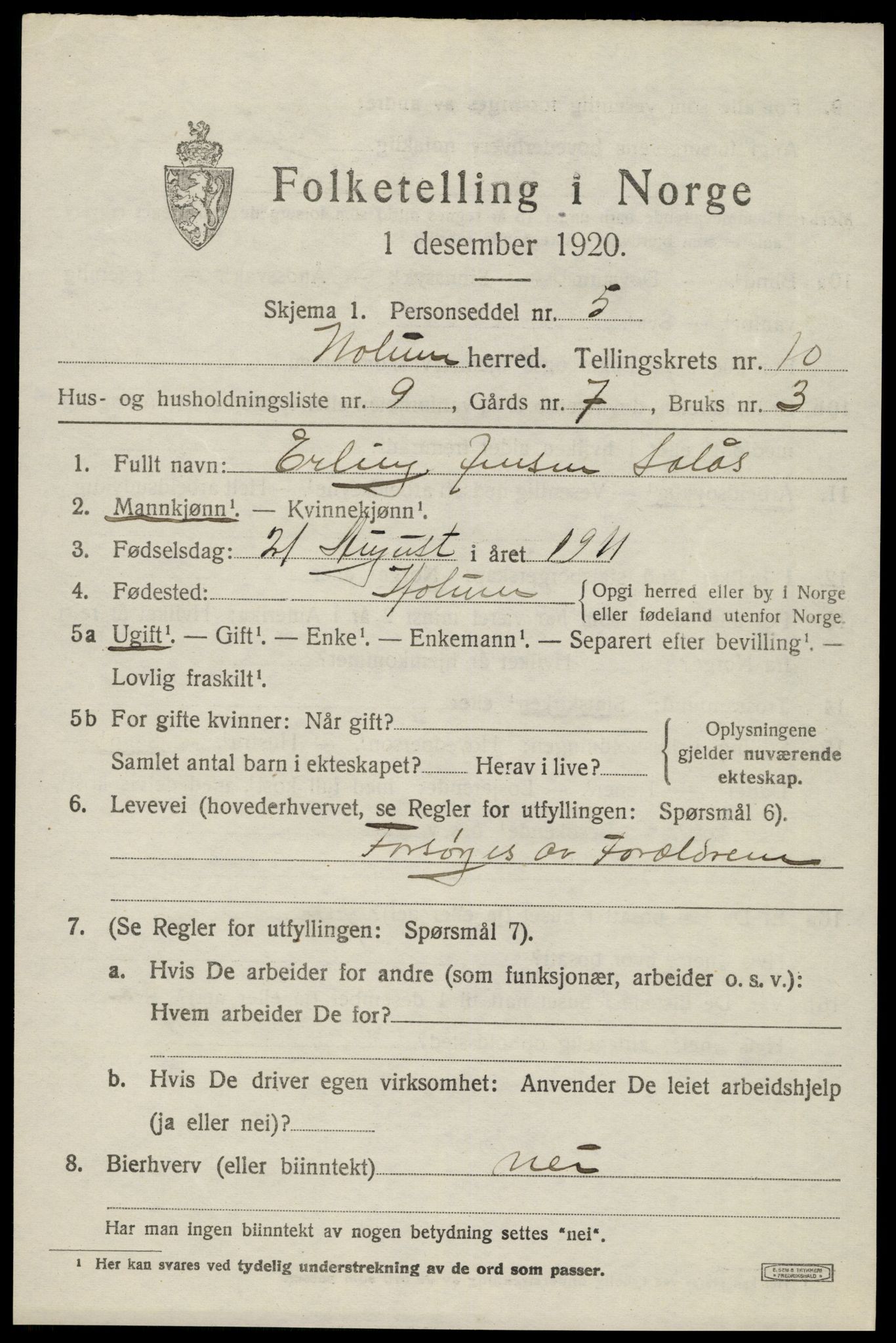 SAK, 1920 census for Holum, 1920, p. 2811