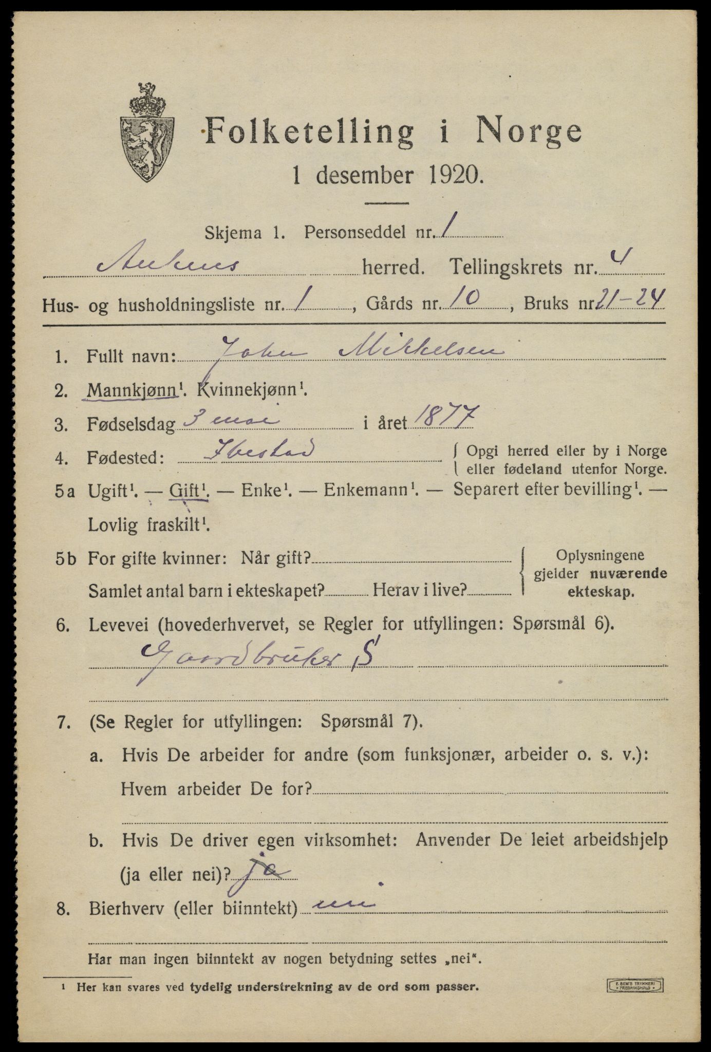 SAT, 1920 census for Ankenes, 1920, p. 2607