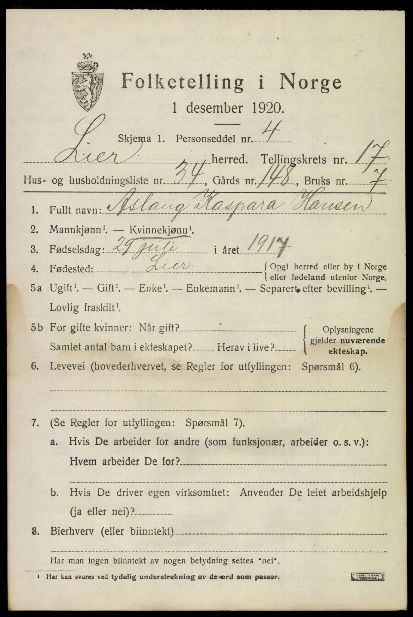 SAKO, 1920 census for Lier, 1920, p. 24810