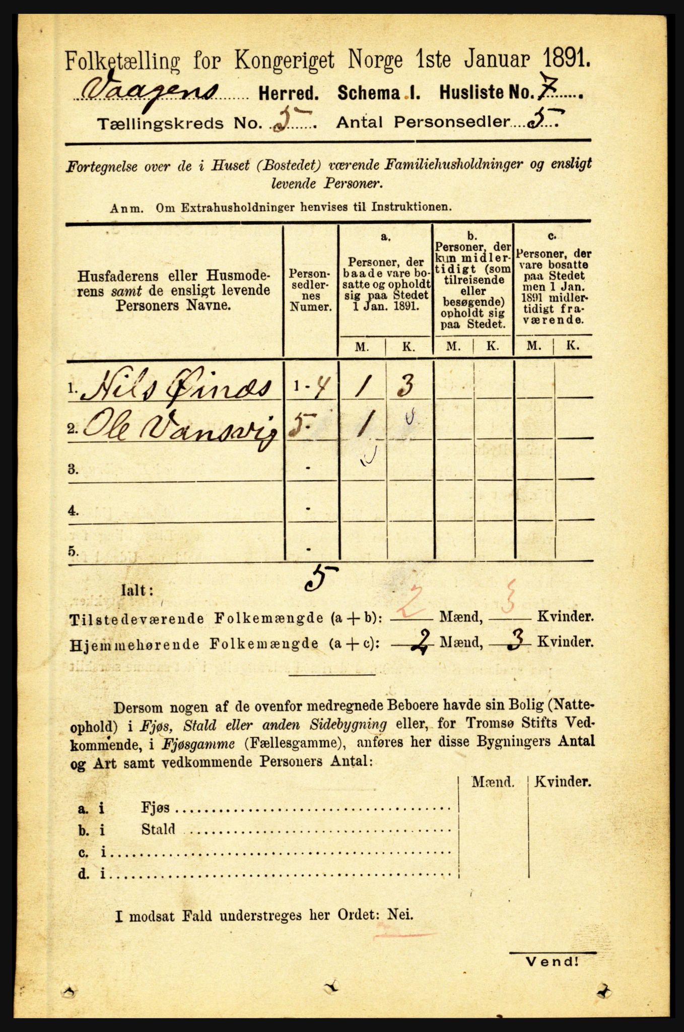 RA, 1891 census for 1865 Vågan, 1891, p. 1556